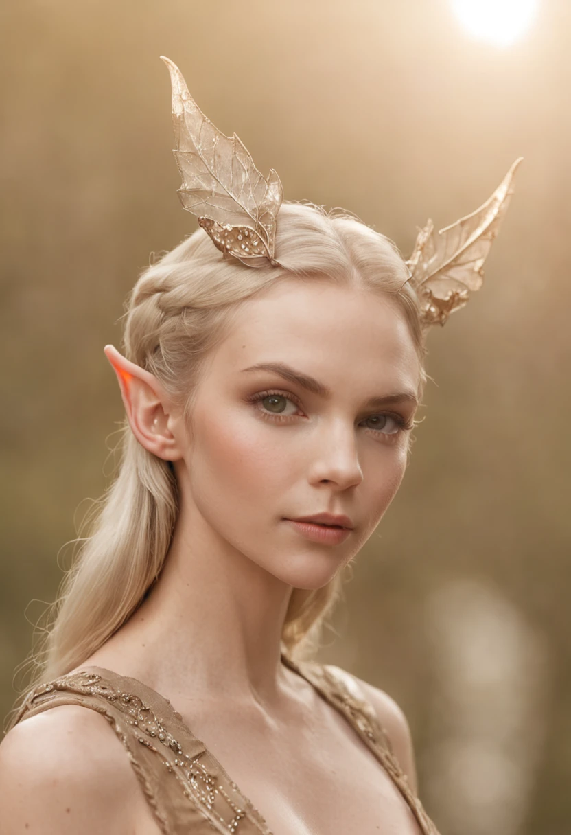 "elf with captivating sharlize theron-like face, showcasing semi body portrait, emphasizing enchanting elf ears, ((sharlize theron face))"
