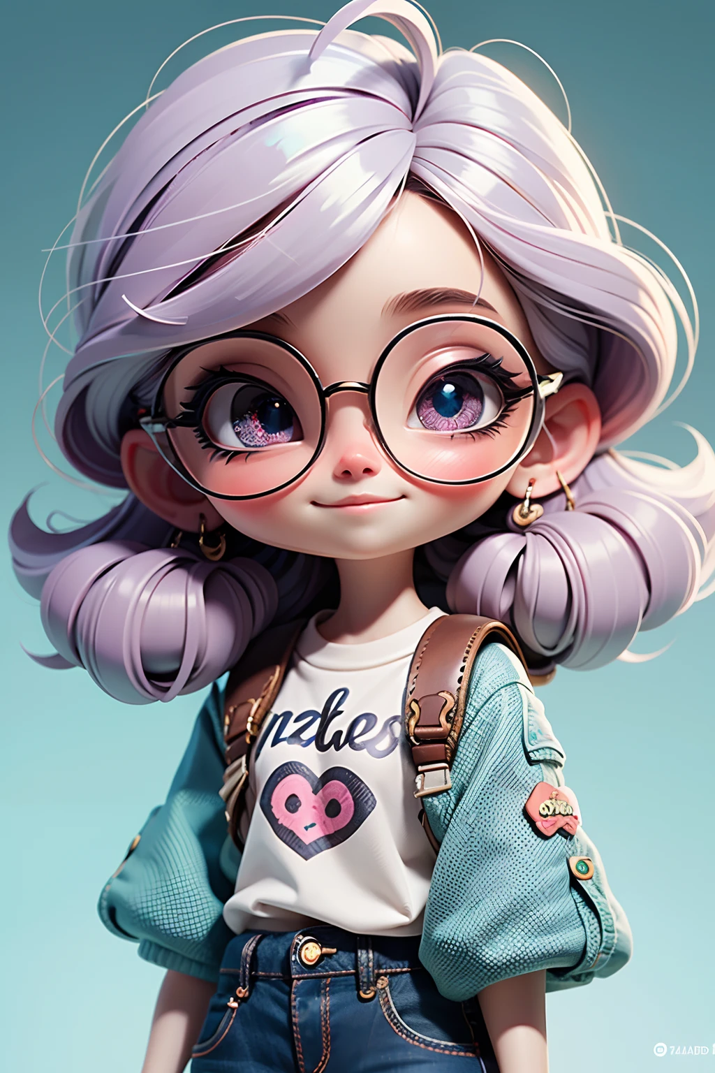 Loli cute girl, cabelo mesclado, preso ou solto, modern accessories , Eyeglasses, olhos detalhados, sorriso detalhados, detalhes detalhados, Holographic, fundo claro e simples