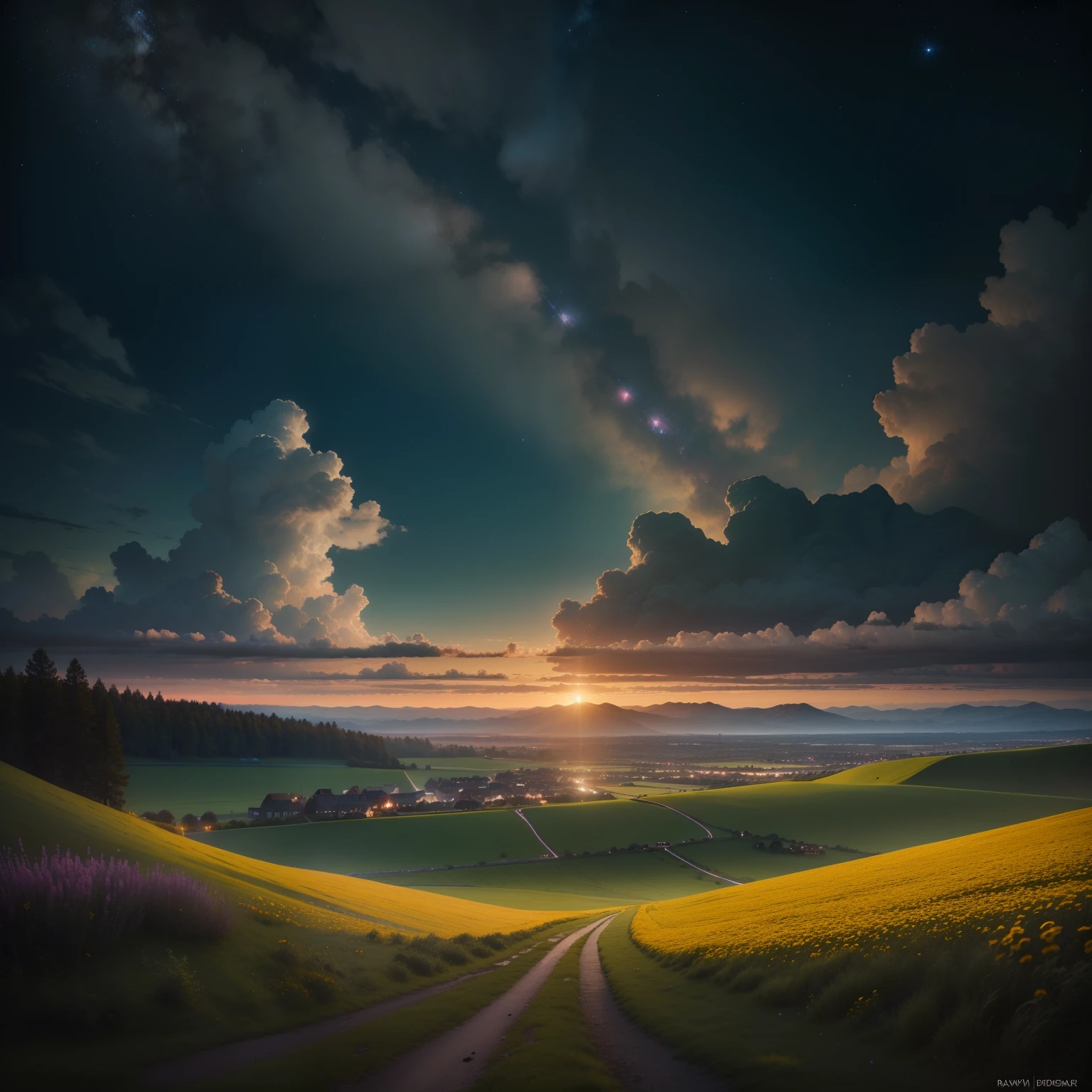 (8K, RAW photos, highest quality, masterpiece, HDR, bloom:1.2), Boy, desktop wallpaper, outdoor, cinematic lighting, beautiful starry dawn, stars in the dawn sky, clouds, border city, Green meadow