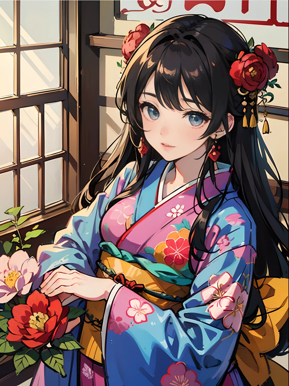 Anime girl in kimono outfit holding flowers in front of window - SeaArt AI