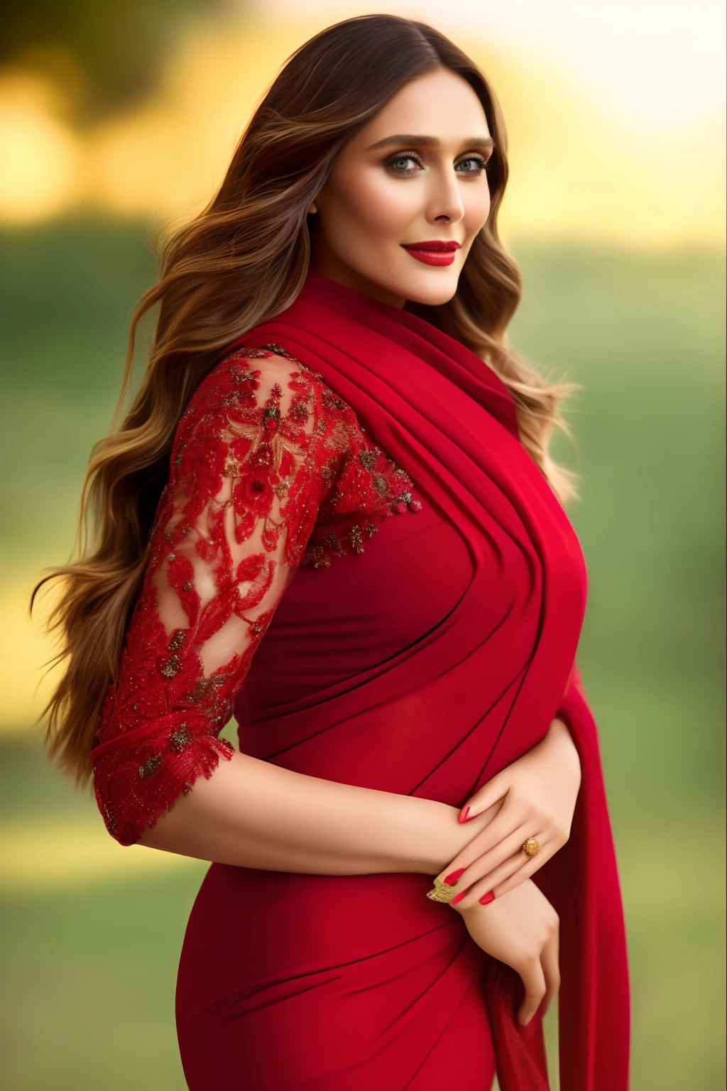 extremely detailed photo of a woman, loraelizabeth, wearing black saree, red hijab, 8k uhd, RAW photography, model photoshoot