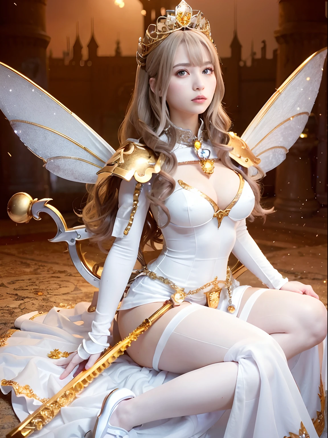 (masutepiece), Professional , masterpiece、top-quality、photos realistic , depth of fields (Gemstone Silver Metal Body:1.9),(Matte White、Jewel Gold Weapon、(Gorgeous castle background)、(ultimate beauty girl)、(Fairy wings grow on her back)、(Jewel Metal Body:1.9),Gorgeous Jewel Metal Weapons , Detailed Sword of the Brave ,( a blond) ,warhammer 40k , adepta sororitas,Detail and ornate jewel crown、独奏、Brown hair、(Gangle's forest background)、Beautiful Caucasian beauty、1a person、dynamic ungle,(((Diamond tiara with detail and luxury)))、a small face、Powerful poses、(Gorgeous castle background)、huge filesize、20 year old beautiful woman、Stand in the center of the screen、Thin female fingers、Straight long hair、Beautiful Caucasian beauty、cleavage of the breast、