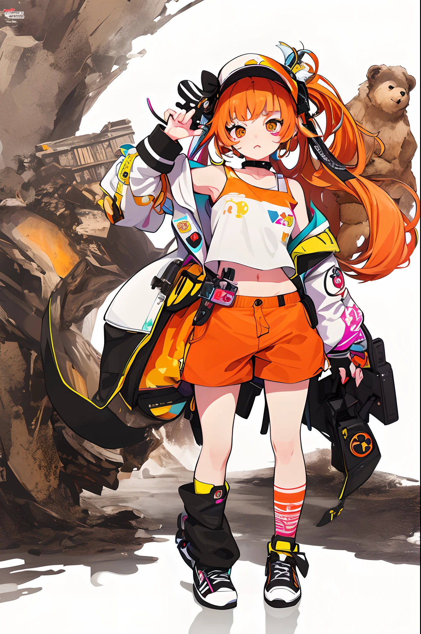 masterpiece, top-quality, Official art, 8k wallpaper, ighly detailed, illustratio, 1 girl in, Orange hair,Twin-tailed、 shortpants、Navel、Tank Tops, Bear motif on hat