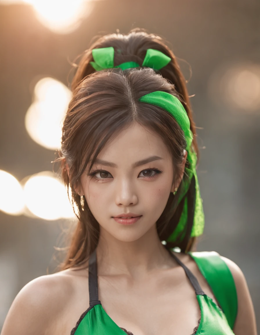 ((Best Quality, 8k, photo realistic:1.4, Masterpiece)), back Lighting, highly detailed facial textures women, 24yo, (((green Cheerleader:1.2))), ((Stadium Background: 1.2)), arm up, ultra-detailed skin, beautiful make up, detailed eyes, smirk taunting, fierce and arrogant face, asian, smooth armpits, sexy costume, korean, sexy body, villain:1.5, dominatrix:1.5, full-body