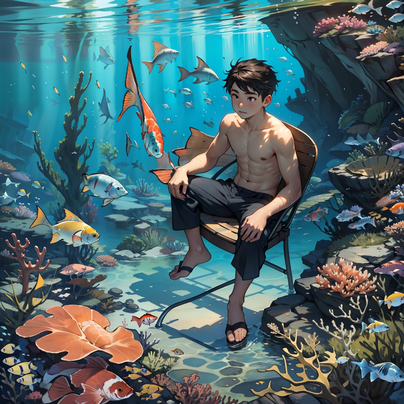 A boy swims at the bottom of the sea，Sit on the fish