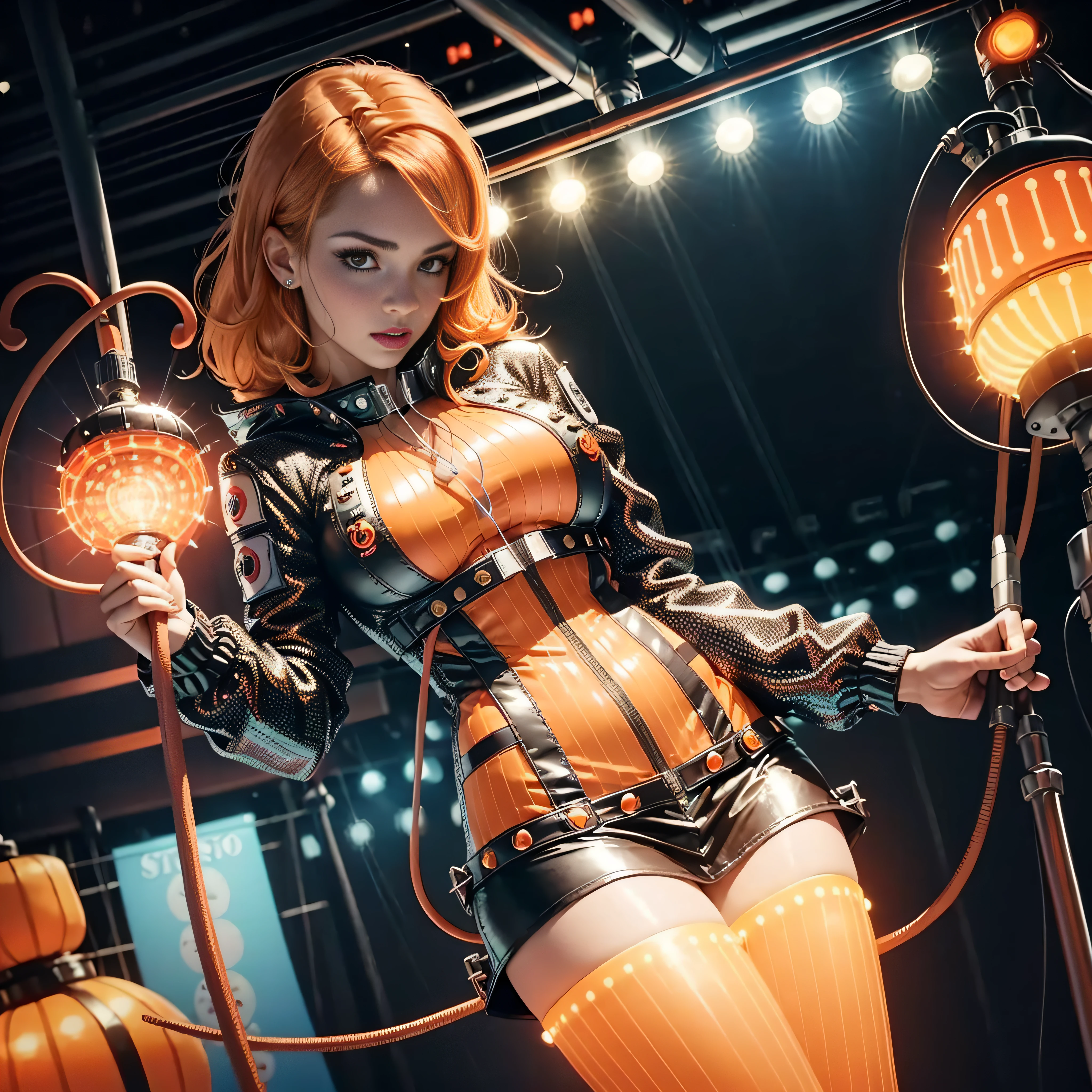 disco, (Adult Spanish woman:1.6), looking to camera, (polyvinyl Jacket With Rivets:1.3), (rave fashion:1.5), (orange hair:1.4), (open zipper:1.2), (erotic:1.3), (sexy:1.3), (glowing disco lights:1.7), (dangling sprinkler wires:1.7), (disco ball:1), best quality, sunlight, detailed face, stars background, gorgeous, realistic skin details, high quality, seen from below, translucent, (voluptuous:.5), sensual, lascivious, dominant, (sexual:1.3), sexy, romantic, high quality, film grain, Cinematic Light, sidelighting, stars background, sharp focus, overexposed light