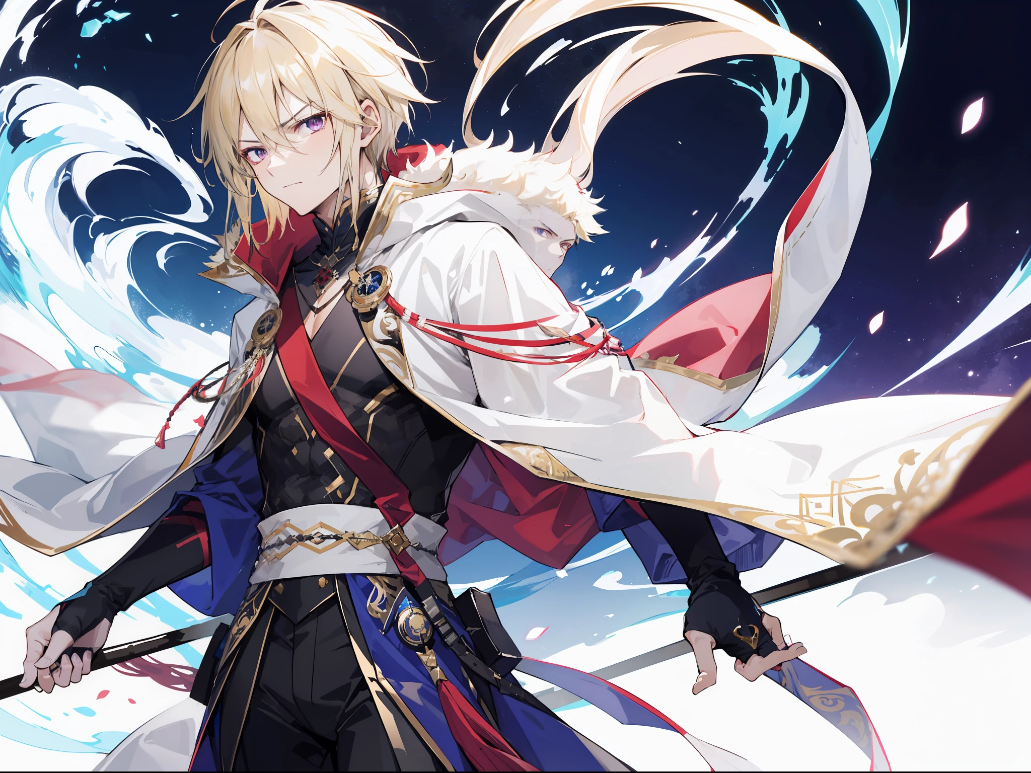 Generate an image of a badass male named Zen, he has spiky blonde hair, purple eyes, and wears a detailed royal attire, wearing a slanted crown, his robes were made of expensive white fleece