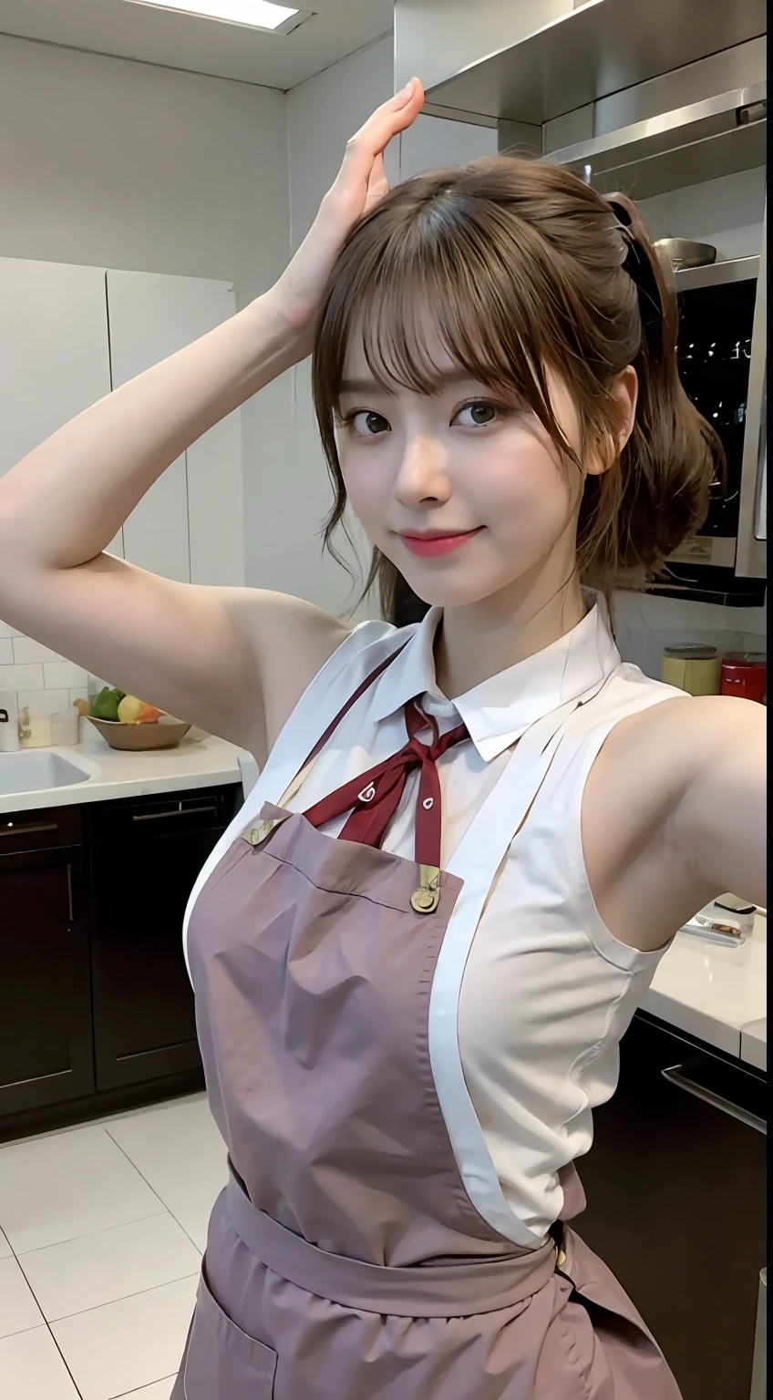 A woman who cooks、(kitchin_aprons:1.Wear 3)、nice hand、4K、A high resolution、tmasterpiece、top-quality、wear cap:1.3、((hasselblad photograph))、Fine skin、foco nítido、(lighting like a movie)、Soft lighting、dynamic ungle、[:(详细的脸:1.2):0.2]、Medium chest、sweat pouring down the skin:1.2、(((In the kitchen))) Cute smile　Viewer's perspective　Colossal tits　tying  hair　Sleeveless　Stretch your upper arms　Shoulders outstretched　cleanness　big kitchen　Beautiful kitchen　Wine glasses　posterior view　Behind　backs　Lift and tie up your hair