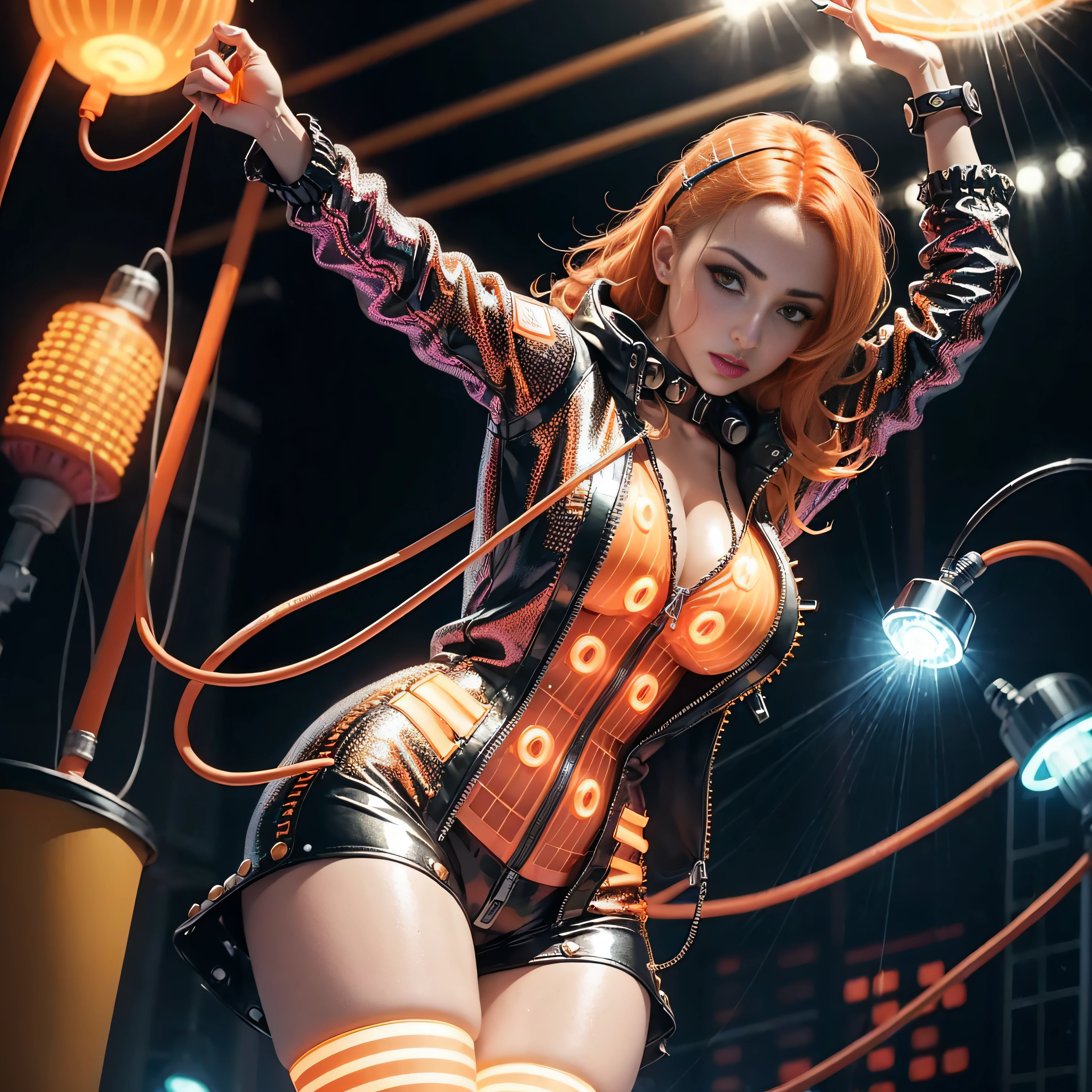 disco, (Adult Spanish woman:1.6), looking to camera, (polyvinyl Jacket With Rivets:1.3), (rave fashion:1.5), (orange hair:1.4), (open zipper:1.2), (erotic:1.3), (sexy:1.3), (glowing disco lights:1.7), (dangling sprinkler wires:1.7), (disco ball:1), best quality, sunlight, detailed face, stars background, gorgeous, realistic skin details, high quality, seen from below, translucent, (voluptuous:.5), sensual, lascivious, dominant, (sexual:1.3), sexy, romantic, high quality, film grain, Cinematic Light, sidelighting, stars background, sharp focus, overexposed light