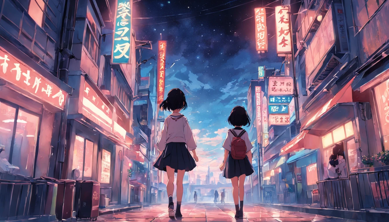 Kizi,which stands on the street,the night,starrysky,8K,best qualtiy,Upper body shirt,Short skirt at the bottom