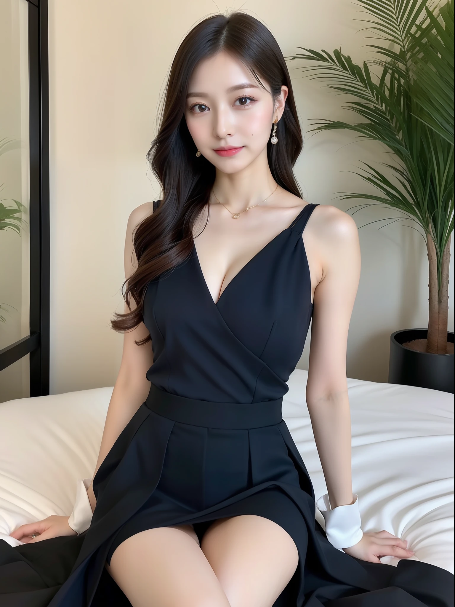NSFW, (Best Quality, 8K, masutepiece:1.3)) , (femele: 1.4), 1girl in, goddes, 25 years old, costume photography, The whole picture, Nikon SLR camera, Focus aperture F.2, focal length 85mm, (Face Close-up), (Large breasts), ( Standing), (Chest close-up), (hip close-up), Blue bra, Arakfi woman in business casual dress posing for photos, PORTs costume, sitting on a bed, Elegant dress, black curly hair, Double eyelids, Black eyes, fine eye details, long eyelashes, fine eyelash details, Snow-white skin, Fine skin texture, Pozi style clothing, formalwear, Business Wear, business skirt, business skirt, delicate skirt, luxurious skirt, full cover skirt, thin waist, the detailed images, elegant intellectual charm beautiful, Charming, elegant high quality, Cheerful, romantic