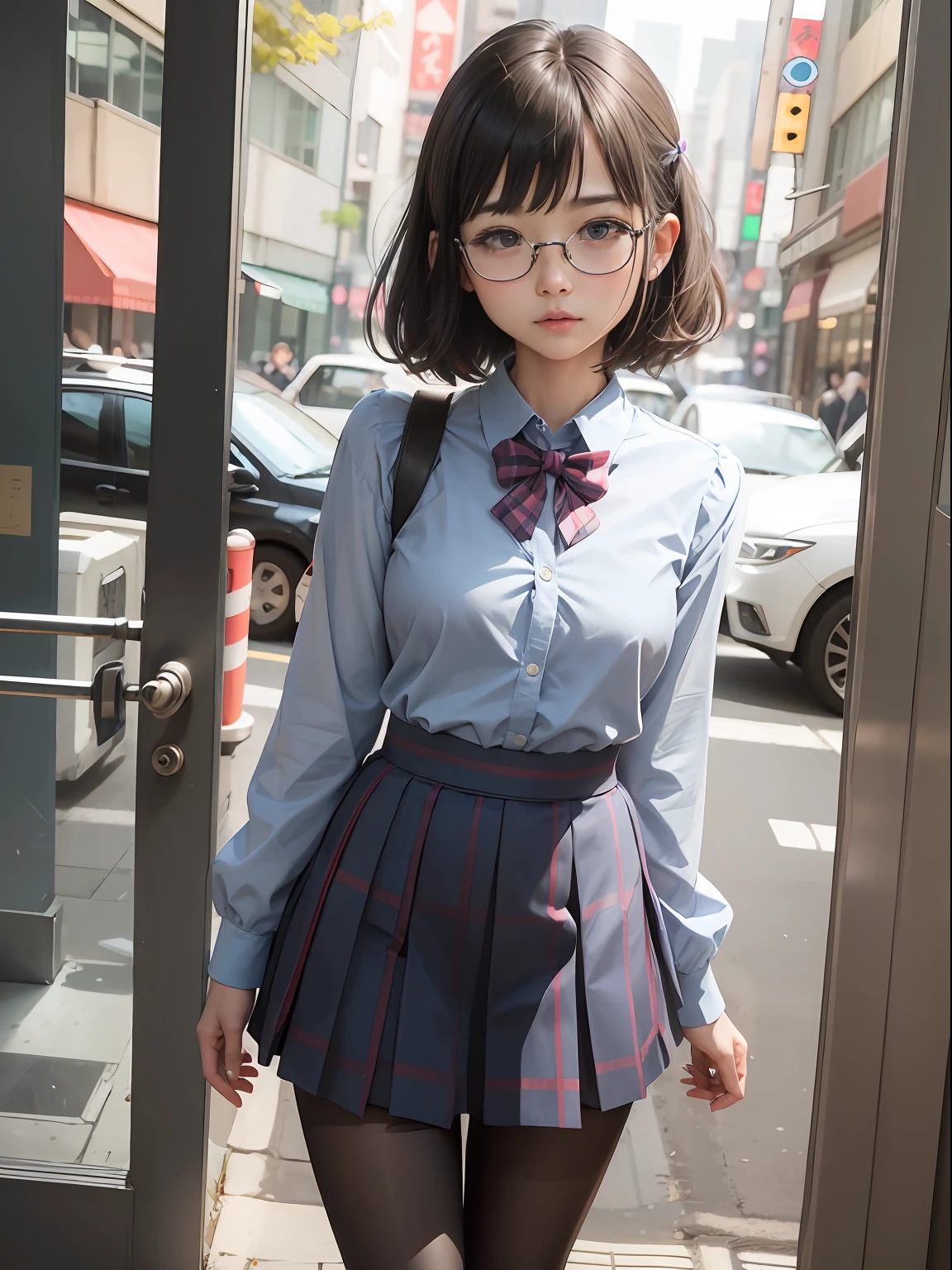 (8K、Raw photography、top-quality、masterpiece:1.2),watching at viewers,Looking at the front,Long bob cut,Bullish,Muchimuchi,Erotic,Pupils,Light Blue Bra,de pele branca,kne,(Black pantyhose),absurderes,a small face,small tits,flat breast,Parting the bangs from the middle、Forehead visible,(a cold expression,Tight eyes,glares,Bullish,skinny,Rasping,irate)、masterpiece,top-quality、超A high resolution,Raw photo,ren,Beautiful fece,One Person, 独奏,eye glass,,Dark look,Small breasts,fullllbody,Round glasses、cute little、Back to Student,JK school uniform,hi-school girl,A Japanese Lady,is standing,(Photorealsitic:1.37)、Photon mapping,Realistic、Cute little face,Brown-eyed、Black socks、(Red bow tie)、Radio City、Physically Based Rendering、Foreground、depth of fields、Blurry background、a picture,The girls、Body,beauty legs, Long legs, Thin leg,Tie your hair into one strand on your chest,(Bangs are visible), hair, s lips, Blue_The eye, nosesoft,(Light blue shirt), (Navy and blue and white plaid pleated skirt), Knees are visible,Sheer clothing,, Thigh, Black cotton socks,Nogizaka Idol, 女優, Japanese ido