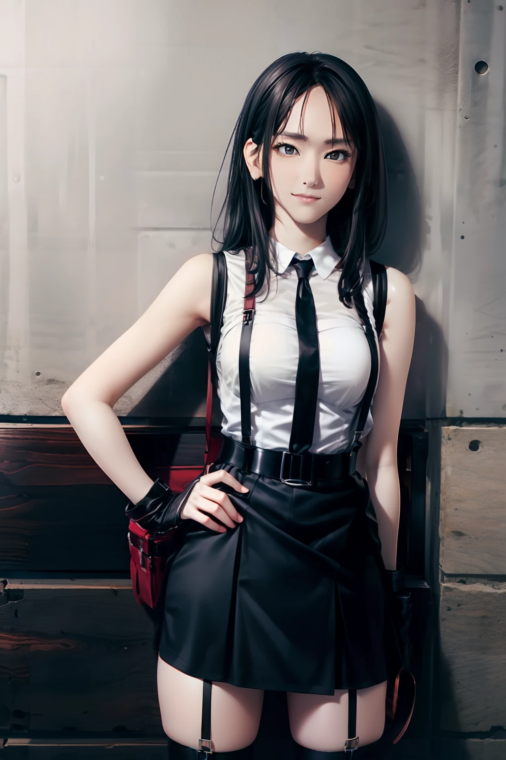 a black skirt, neck tie, Tank tops suspenders, Long Black Hair, Gray eyes, holster, Garter belt on the legs, , Moderately breasts, Pichi Pichi clothes, both sides Behind a belt