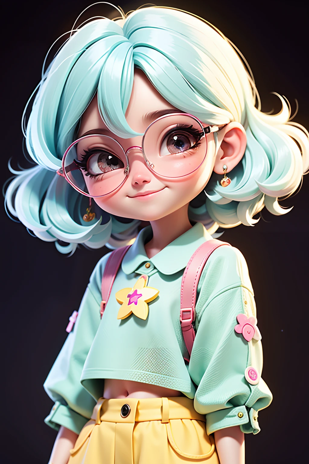 cute girl, cabelo mesclado, solto, modern accessories , Eyeglasses, olhos detalhados, sorriso detalhados, detalhes detalhados, Holographic, fundo claro e simples