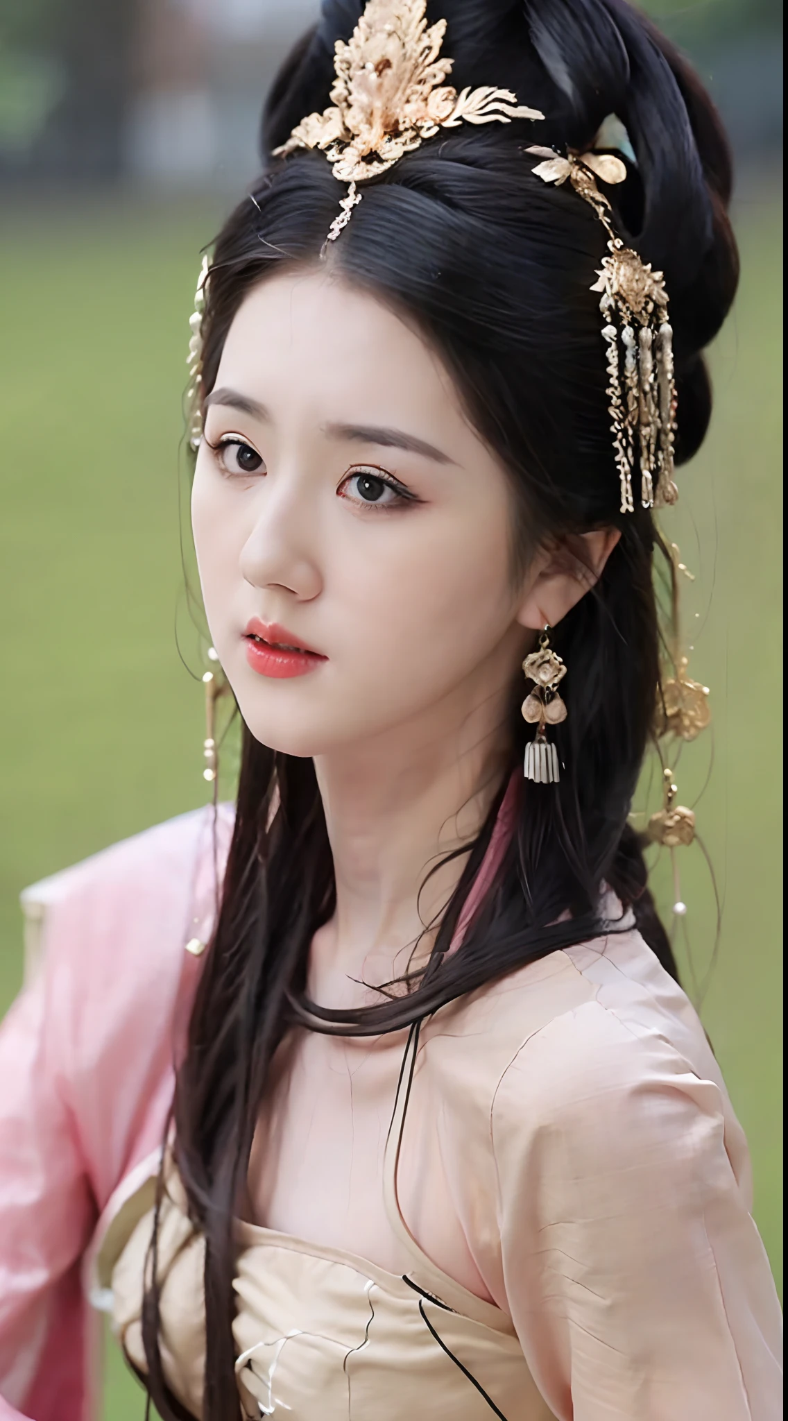 1 realistically beautiful girl, waist length hair, black eyes, ancient Ao Dai, style hanfu, wearing a thin silk shirt of ancient China, pink and smooth white skin, wearing a discreet ancient style ao dai, appears shoulders and head in the photo,cute little face, eye bags under wet makeup, plump red lips, pout, ((closed mouth:1.0)), balanced incisors, embarrassed, small face makeup detailed and very beautifull, The breasts are super round and tight, breast augmentation, blum boobs, Cover the girl's chest with a camisole inside, blush, from front, wear earrings, necklaces, from above, looking at viewer, upturned eyes, full body, masterpiece, top quality, best quality, official art, unity 8k wallpaper, highres, ultra-high res, ultra-detailed, (photorealistic:1.2), alone, solo, Only 1 girl, style hanfu Dunhuang, 10x pixels, super realistic, ultra high quality, full body view of the girl, upper body,