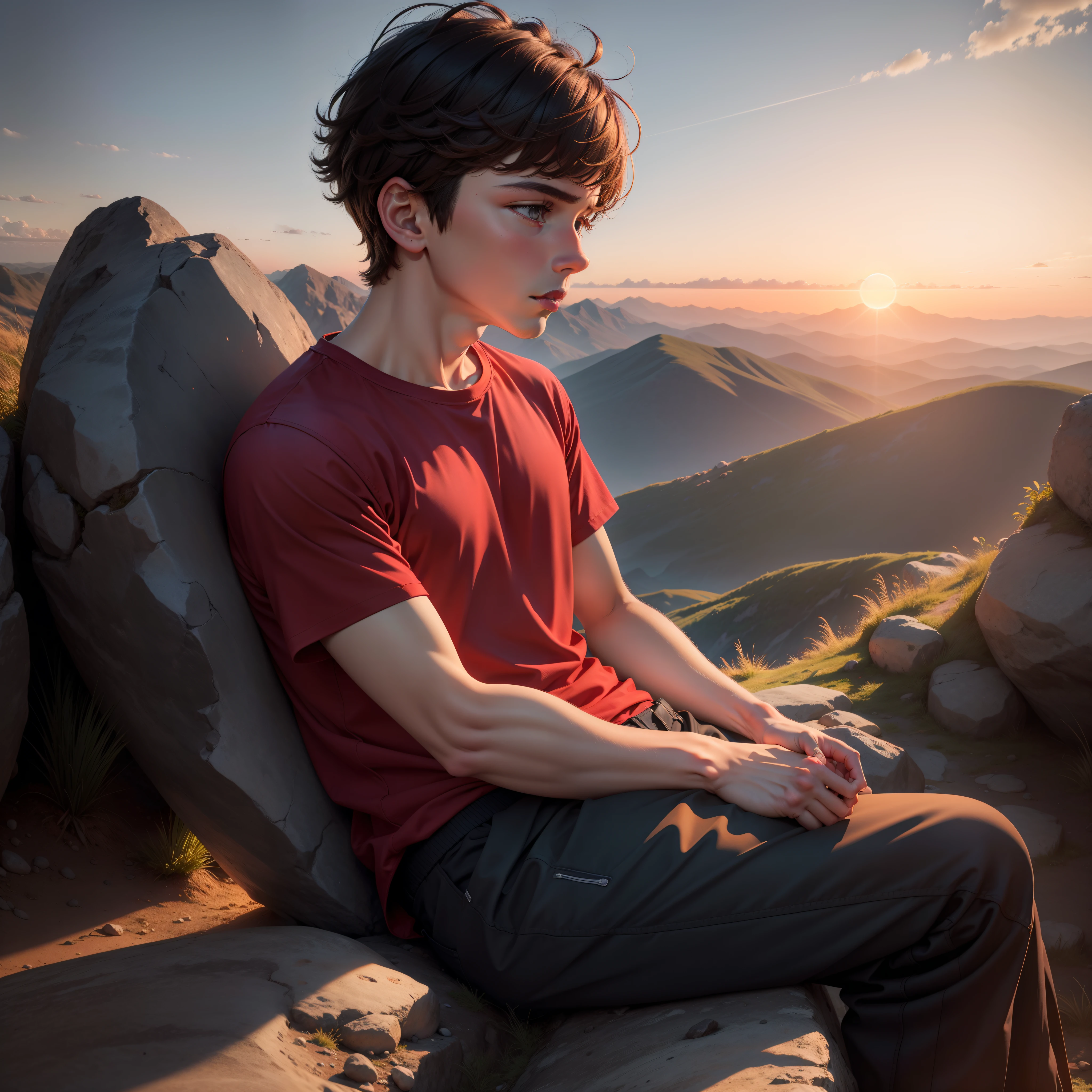 Alone,boy,deeply, sitting,on mountain, thinking, dipression, Sunset, evening,alone,red t shirt,blue trouser, ending life, masterpiece, ultra high quality