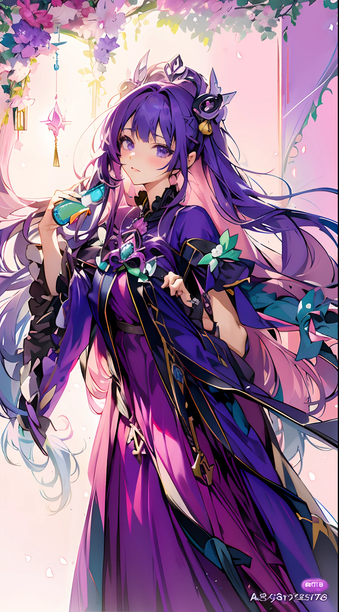Anime girl with long hair and purple dress holding green object, cute anime waifu in a nice dress, Anime girl with long hair, nightcore, Beautiful anime artwork, beautiful fantasy anime, Beautiful anime art, clean and meticulous anime art, Beautiful anime girl, ethereal anime, detailed anime art, Detailed key anime art, Anime goddess, Detailed anime artwork