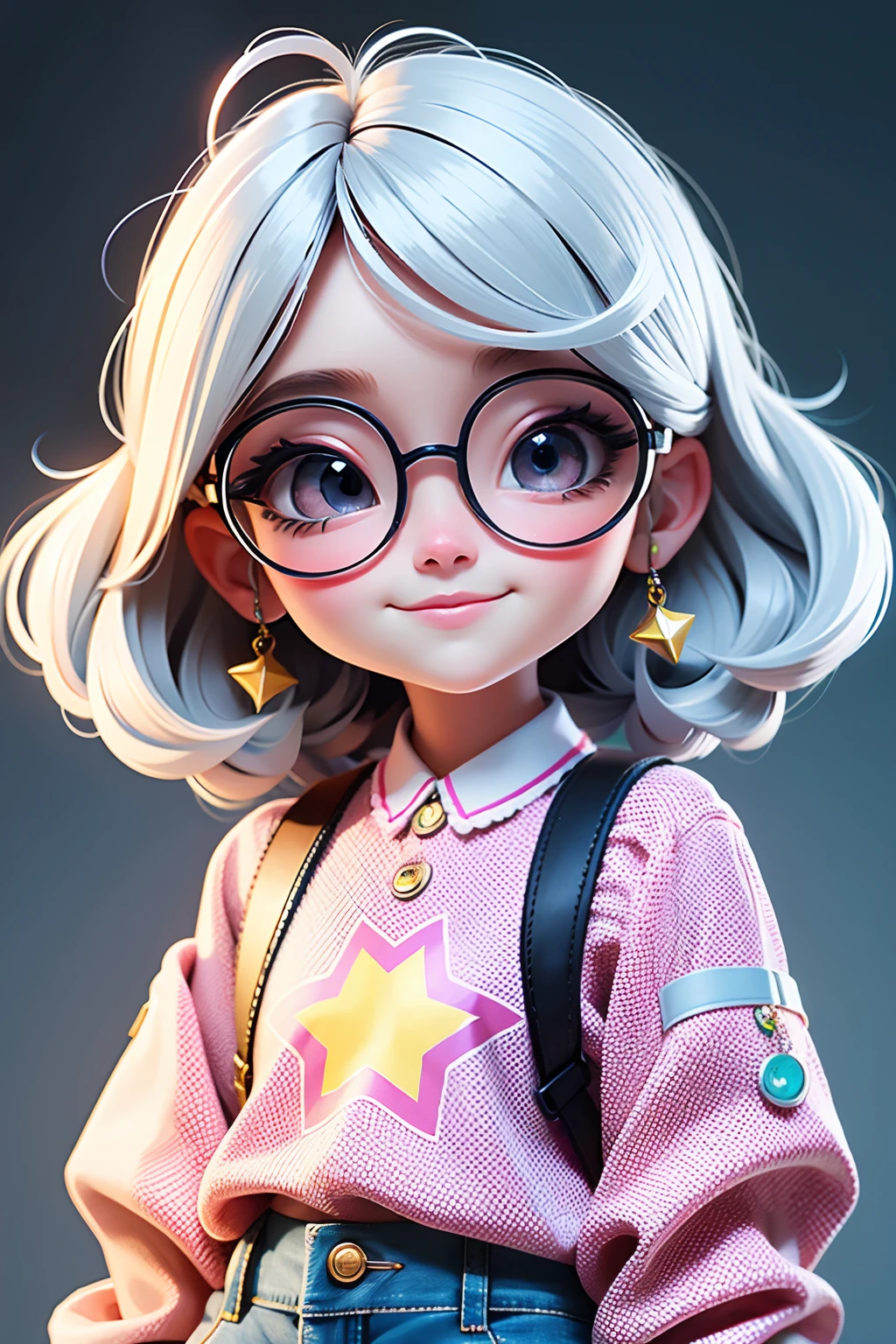 cute girl, cabelo mesclado, solto, modern accessories , Eyeglasses, olhos detalhados, sorriso detalhados, detalhes detalhados, Holographic, fundo claro e simples