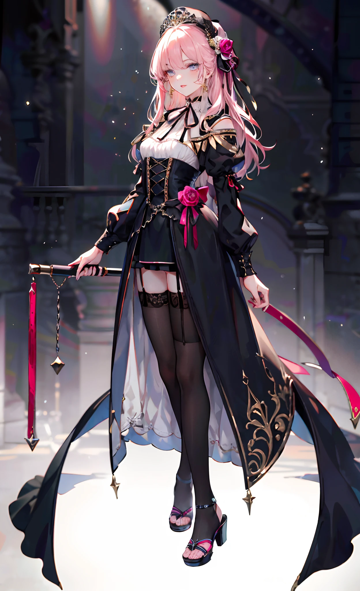(Complete head:1.9),meticulous portrayal of face,1 noblewoman,a matural female,Black dress long dress,(black lence stockings+),(Ribbon sandals with thin heels),(Black stocking feet+),Pink White Long Hair,Prom background, Perfect body, s the perfect face, perfect hand, Perfect Finger, Perfect lips, perfect eyes, Perfect background
