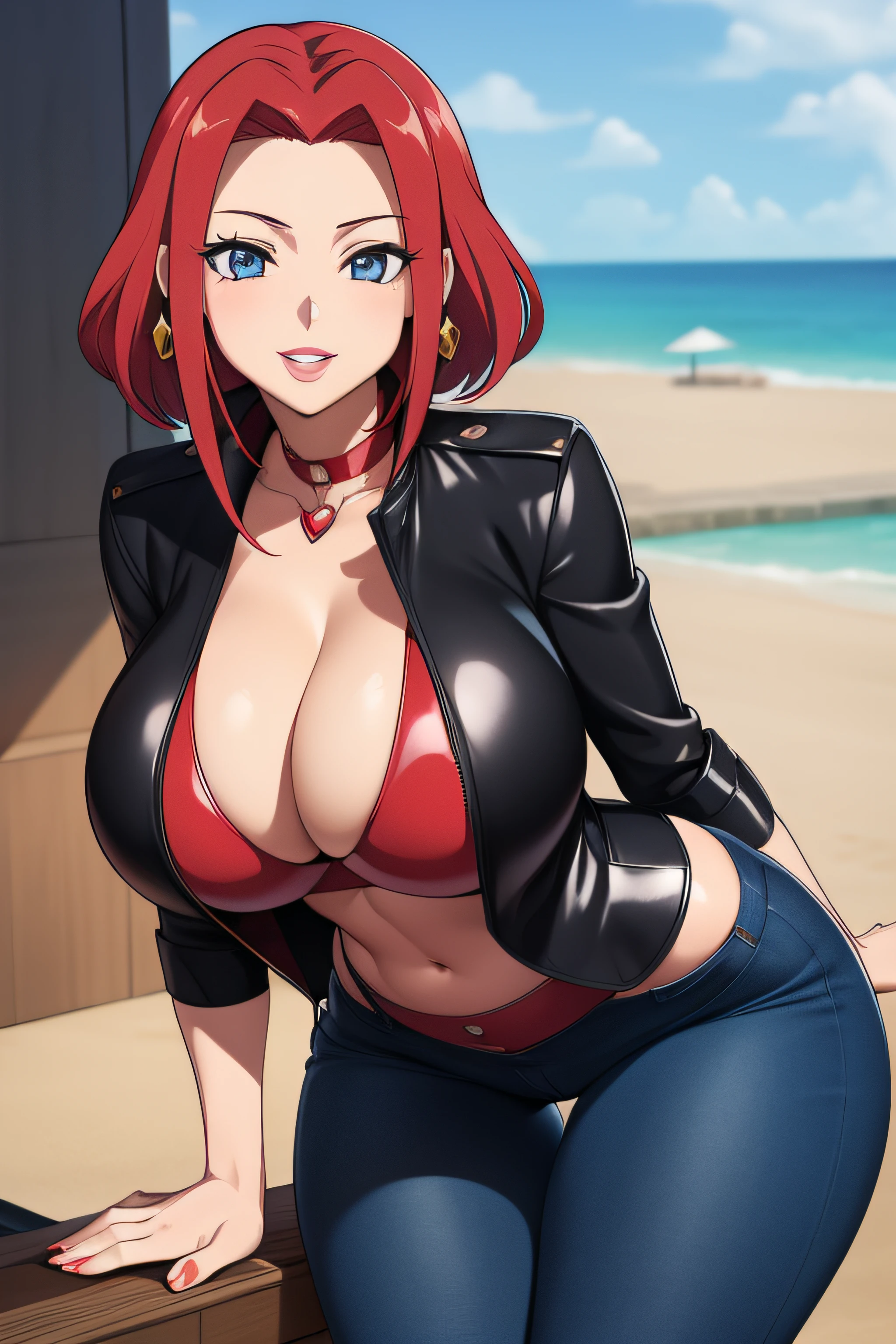 Code Geass, Kallen Stadfeldt 1girl, (((bimbo))), short red hair, ear rings, puffy lips, painted lips, thick lips, wide hips, thick thighs, big breast, huge ass, revealing cleavage, erotic, Smile face, bubble butt, camel toe, Breasts, black leather jacket, blue jeans