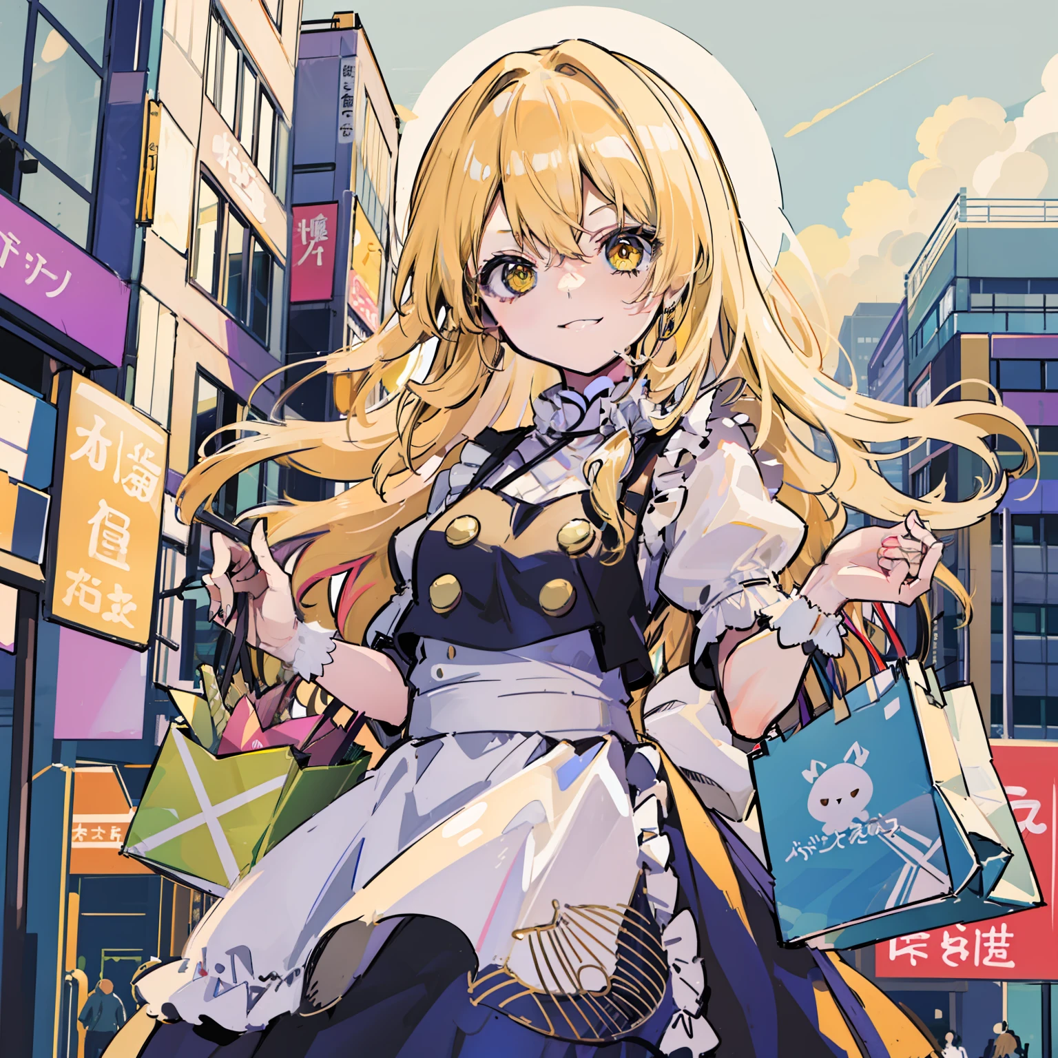 masutepiece, Fine detail, 4K, 8K, 12K, Solo, 1 person, Beautiful Girl, caucasian female, Upper body, maid clothes、Marisa Drizzle、a blond、Yellow eyes、wingspan、Smile, shopping bags, Paper bags, Detailed background, city, Harajuku