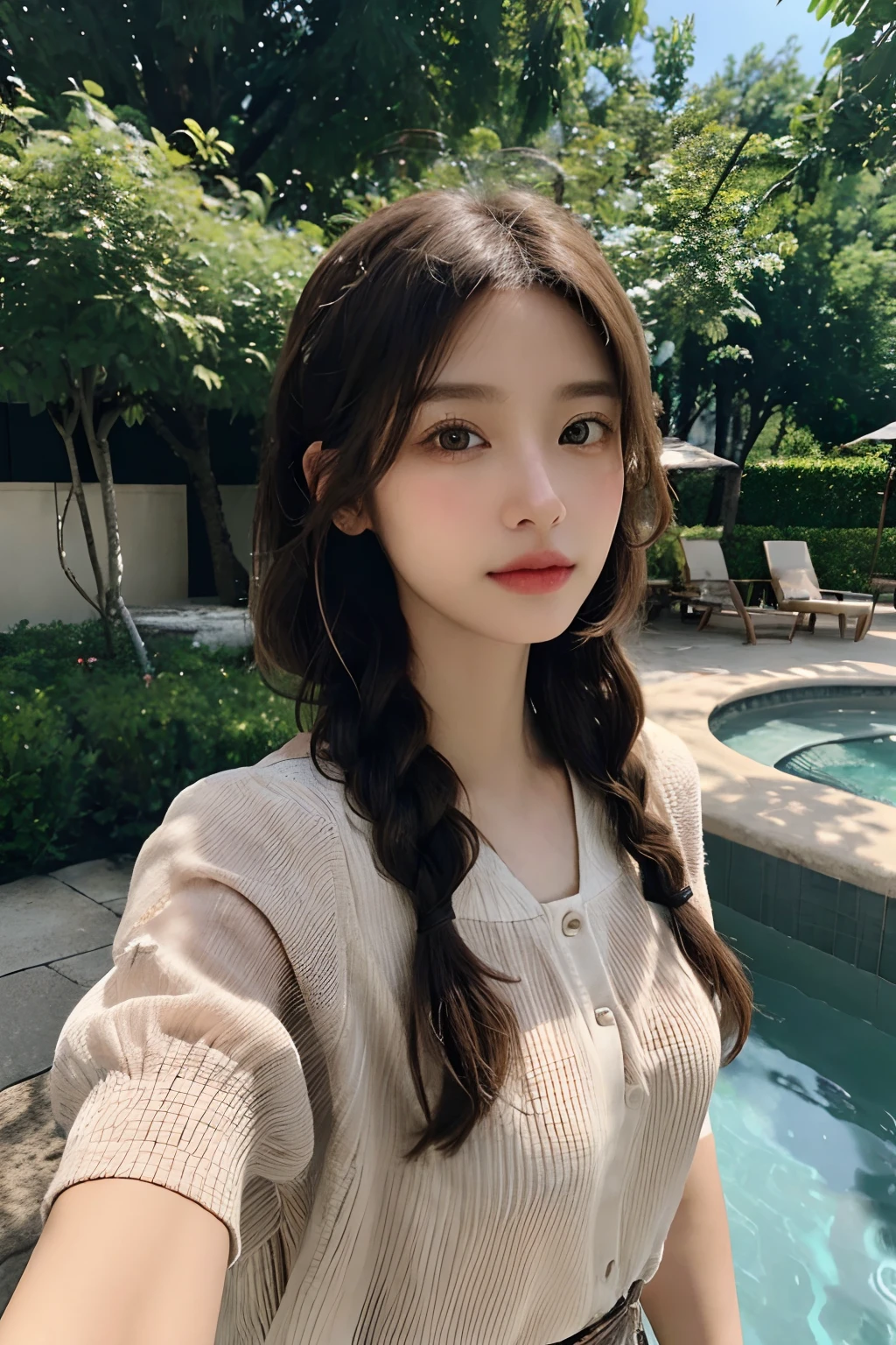 (frombelow:1.4)、((1girl in)),Light Brown Fringe Hair、Braided hair、disheveled hair、Light brown eyes、(dignified expression)、(爆乳:1.4)、Emphasize the valley、Night Pool、(Photorealsitic)、(intricate detailes:1.2)、(masterpiece、:1.3)、(top-quality:1.4)、(超A high resolution:1.2)、超A high resolution、(A detailed eye)、(detailed facial features)、(Fashionable casual summer clothes:1.2), (selfee:1.3)