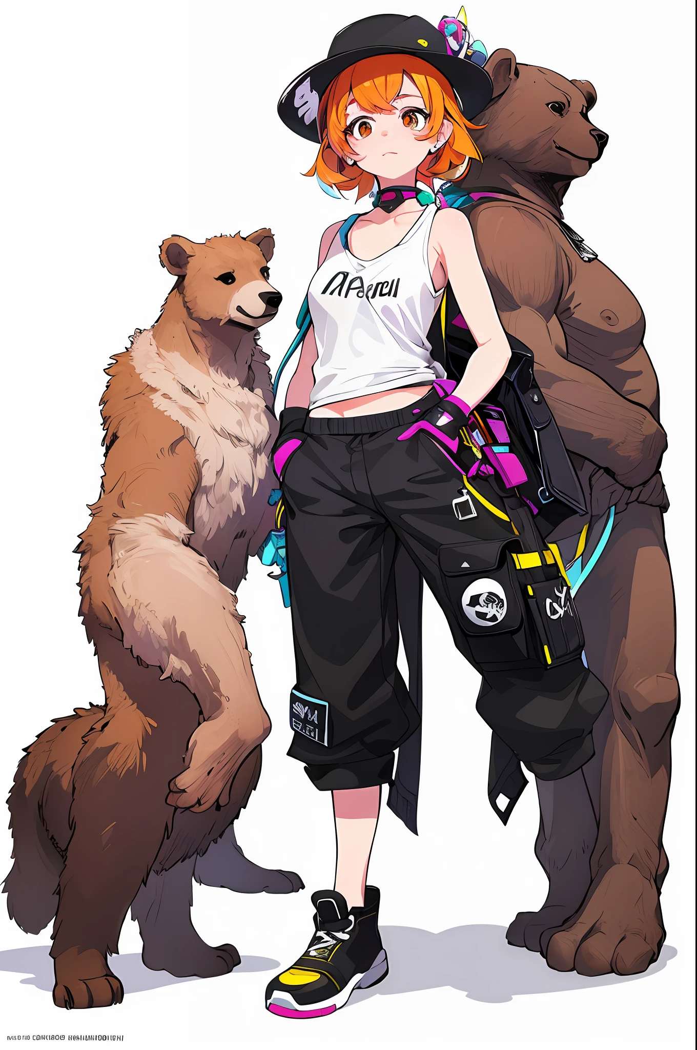 masterpiece, top-quality, Official art, 8k wallpaper, ighly detailed, illustratio, 1 girl in, Orange hair,Twin-tailed、 shortpants、Tank Tops, Bear motif on hat