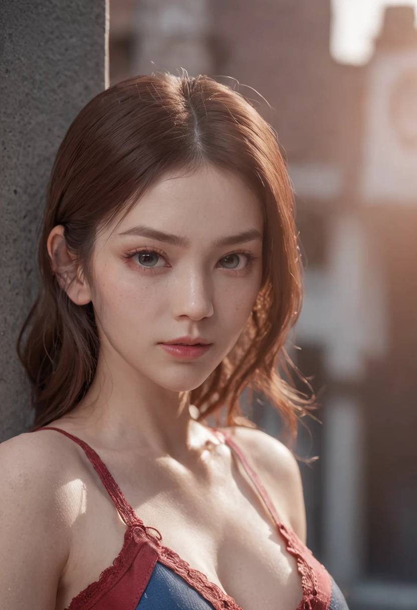 (1girll:1.5), Solo, (((Very detailed face)))), ((Very detailed eyes and face)))), Beautiful detail eyes, Body parts__, offcial art, Unified 8k wallpaper, Super detailed, Beautiful and beautiful, Beautiful, Masterpiece, Best quality, Original, Masterpiece, ultra fine photos, Best quality, Super high resolution, Realistic realism, Sunlight, Full body portrait, Amazing beauty, Dynamic pose, Delicate face, Vibrant eyes, (From the front), She wears a torn Supergirl short skirt suit, Red and blue color scheme, hide, Very detailed city roof background, Rooftop, Overlooking the city, Detailed face, detailed complex busy background, Messy, Gorgeous, Milky white, Highly detailed skin, Realistic skin details, Visible pores, Clear focus, volume fog, 8K  UHD, Digital SLR, High quality, filmgrain, Fair skin, Photo realism, DL, futuristic dystopian megalopolis, Translucent
