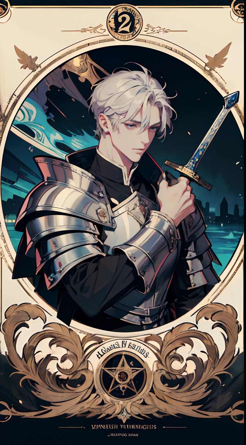 (absurdres, highres, ultra detailed), 1 male, adult, handsome, tall muscular guy, broad shoulders, finely detailed eyes and detailed face, the knights \tarot\, royal knight, full body silver armor, sword, Symbolism, Visual art, Occult, Universal, Vision casting, Philosophical, Iconography, Numerology, Popularity, Artistic, Alfons Mucha
