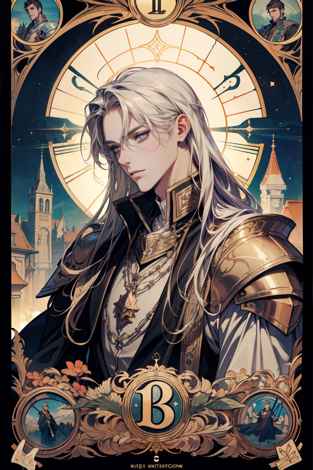 (absurdres, highres, ultra detailed), 1 male, adult, handsome, tall muscular guy, broad shoulders, finely detailed eyes and detailed face, the knights \tarot\, royal knight, armor, sword, Symbolism, Visual art, Occult, Universal, Vision casting, Philosophical, Iconography, Numerology, Popularity, Artistic, Alfons Mucha