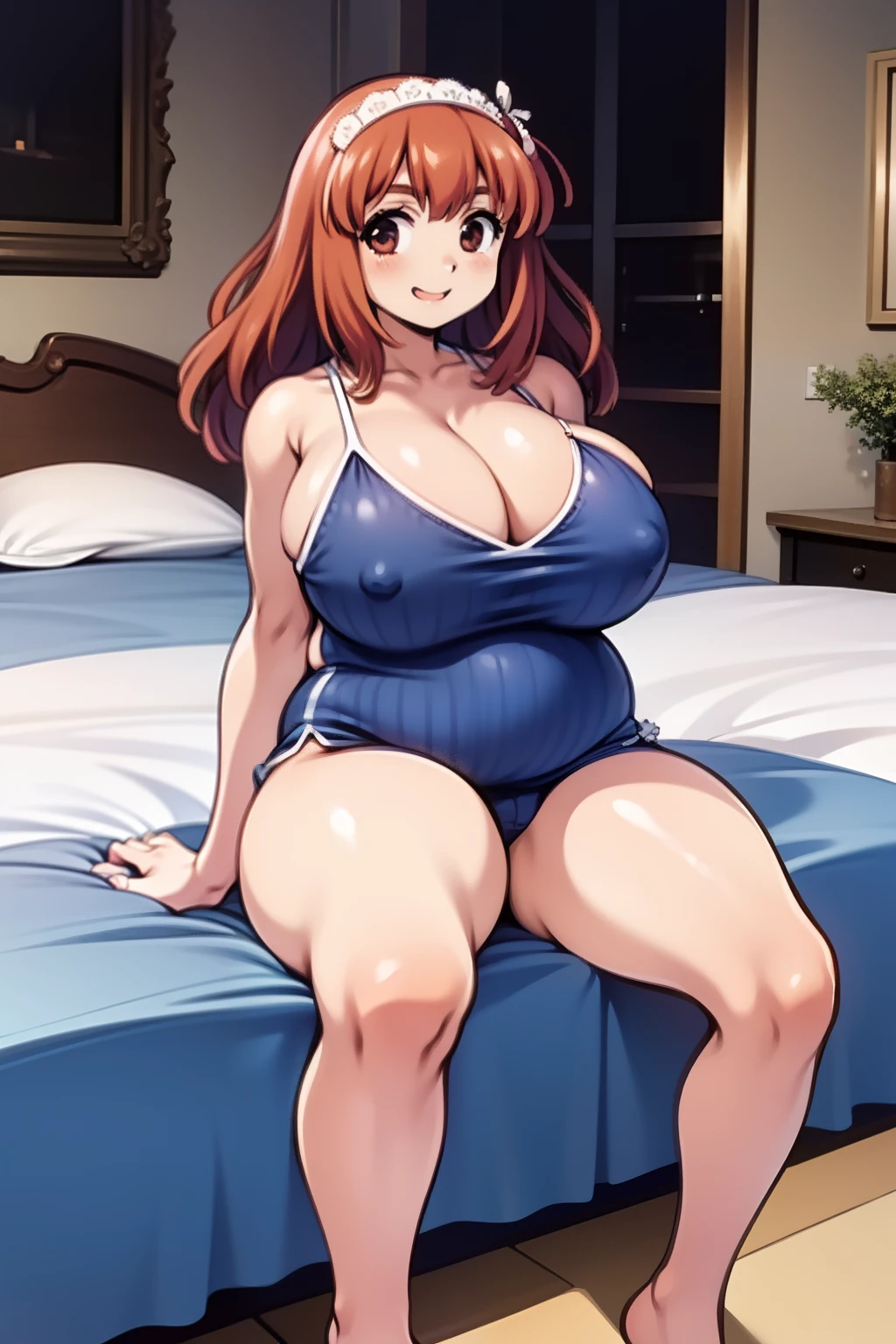 best qualtiy,beautiful quality,Photorealsitic,looking at viewert,highlydetailed skin,Highly detailed chestnut hair,8,1girll,Ultra shorts,smooth and delicate thighs,Sit on the bed with your legs crossed 、huge-breasted、A big smile、Blue and white striped swimsuit