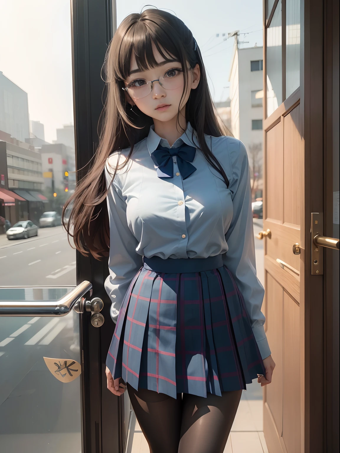 (8K、Raw photography、top-quality、masterpiece:1.2),watching at viewers,Looking at the front,shorttwintail,Bullish,Muchimuchi,Erotic,Pupils,Light Blue Bra,de pele branca,kne,(Black pantyhose),absurderes,a small face,small tits,flat breast,Parting the bangs from the middle、Forehead visible,(a cold expression,Tight eyes,glares,Bullish,skinny,Rasping,irate)、masterpiece,top-quality、超A high resolution,Raw photo,ren,Beautiful fece,One Person, 独奏,eye glass,,Dark look,Small breasts,fullllbody,Round glasses、cute little、Back to Student,JK school uniform,hi-school girl,A Japanese Lady,is standing,(Photorealsitic:1.37)、Photon mapping,Realistic、Cute little face,Brown-eyed、Black socks、(Red bow tie)、Radio City、Physically Based Rendering、Foreground、depth of fields、Blurry background、a picture,The girls、Body,beauty legs, Long legs, Thin leg,Tie your hair into one strand on your chest,(Bangs are visible), hair, s lips, Blue_The eye, nosesoft,(Light blue shirt), (Navy and blue and white plaid pleated skirt), Knees are visible,Sheer clothing,, Thigh, Black cotton socks,Nogizaka Idol, 女優, Japanese ido