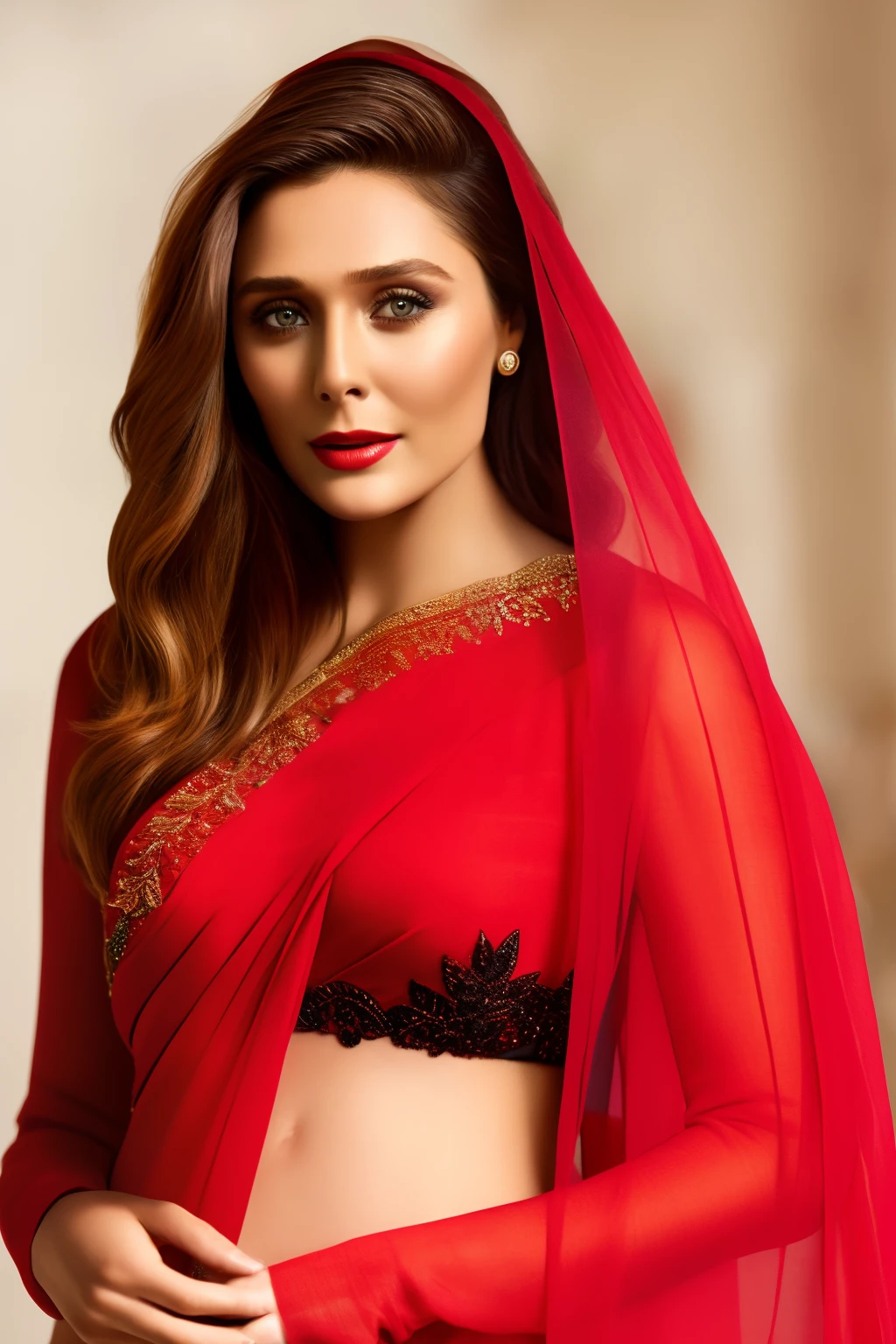 extremely detailed photo of a woman, loraelizabeth, wearing black saree, red hijab, 8k uhd, RAW photography, model photoshoot