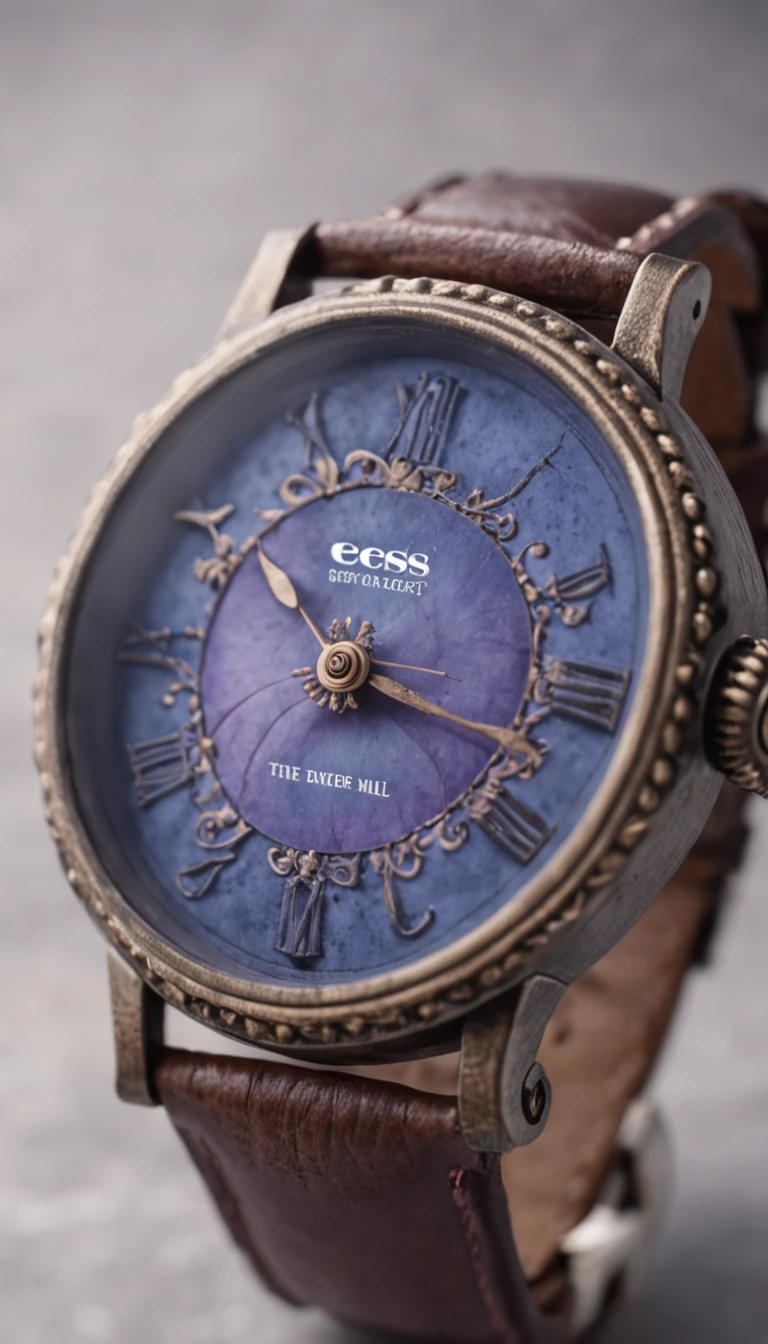 Western vintage dial，There is texture，The overall color is blue，The perimeter of the dial is wrapped with flowers，It's Iris，Very romantic，And the top of the dial should have a logo called "OOPS"，Background: None，The overall color is blue-purple，Anime，Watercolor painting，illustration