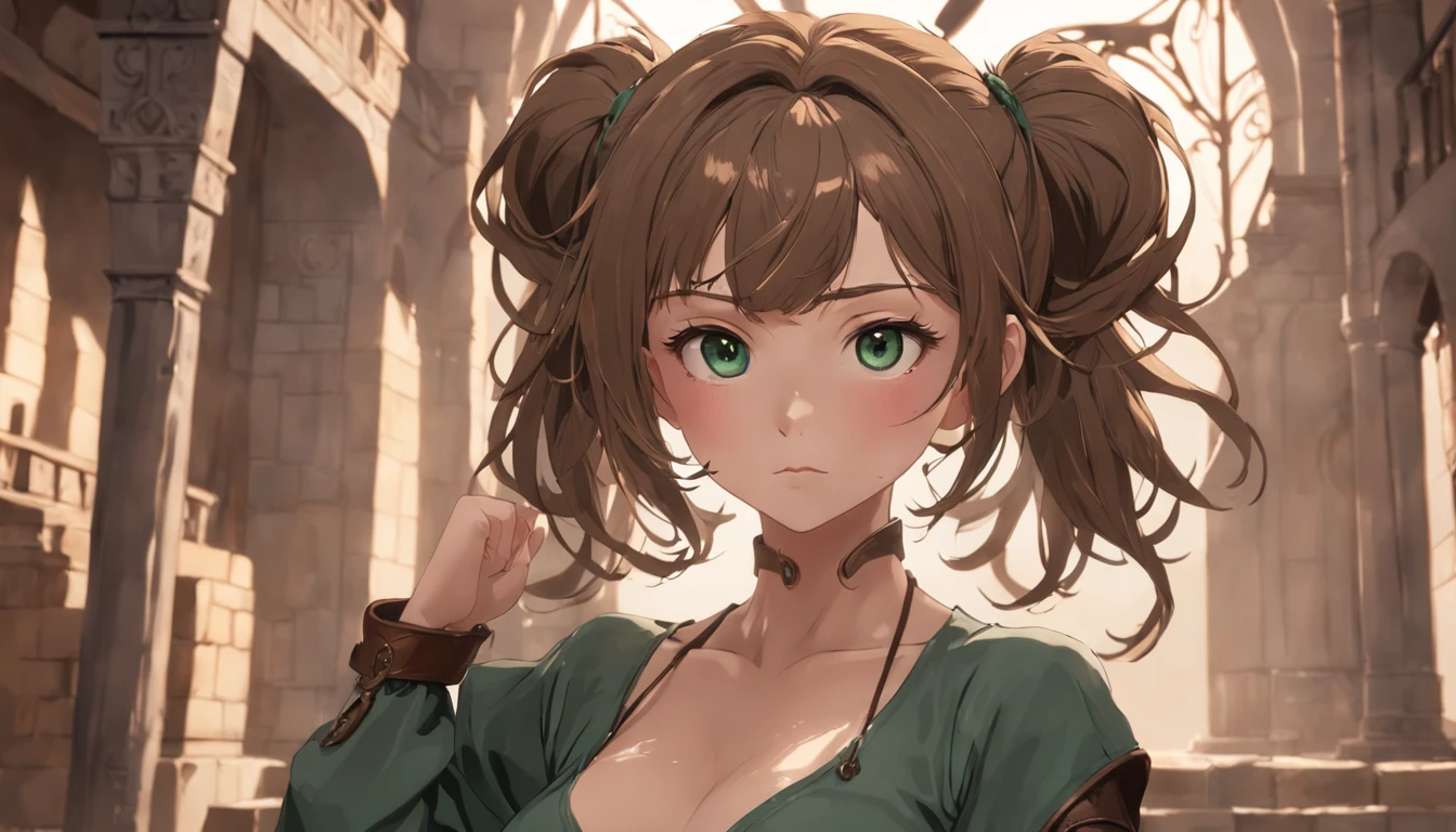 (Masterpiece, Best quality, 4K, Photorealistic), ((Full body shot)), ((Front view)), Expressive eyes, Perfect face, nice hand, 1 girl, Earthy brown hair, Large cleavage, Long round legs, Curvaceous Body, booty, Hairstyles: Messy bun,Loose strands of hair outline the face, This style doesn't let the hair get in the way during the action,And adds a rough charm, Dark green leather tunic,Bronzed décor, Fitted brown leather pants, Knee-length brown leather boots, Brown leather gloves, Practical belt with pouch and weapon holster, Accessories: Leaf-shaped pendant necklace, feather earrings, standing, The backdrop of ancient ruins or forgotten temples can evoke a sense of adventure and mystery, Highlight the inquisitive nature of mercenaries, Extremely detailed artistic gemstone, IG model, Alena Aenami and Artgem, Krenz Kusaud and artistic gemstones, Artgem and Atey Ghailan