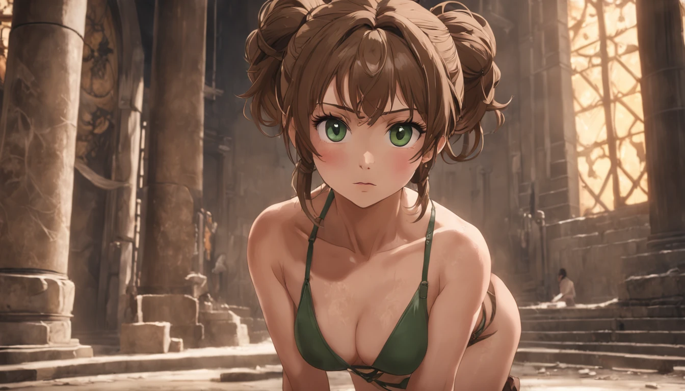 (Masterpiece, Best quality, 4K, Photorealistic), ((Full body shot)), ((Front view)), Expressive eyes, Perfect face, nice hand, 1 girl, Earthy brown hair, Large cleavage, Long round legs, Curvaceous Body, booty, Hairstyles: Messy bun，Loose strands of hair outline the face, This style doesn't let the hair get in the way during the action，And adds a rough charm, Dark green leather tunic，Bronzed décor, Fitted brown leather pants, Knee-length brown leather boots, Brown leather gloves, Practical belt with pouch and weapon holster, Accessories: Leaf-shaped pendant necklace, feather earrings, standing, The backdrop of ancient ruins or forgotten temples can evoke a sense of adventure and mystery, Highlight the inquisitive nature of mercenaries, Extremely detailed artistic gemstone, IG model, Alena Aenami and Artgem, Krenz Kusaud and artistic gemstones, Artgem and Atey Ghailan