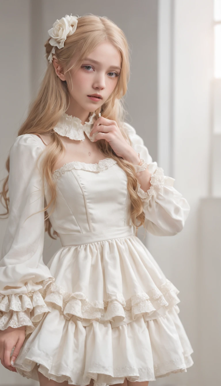 Full body frame, perfect -yeirls with flowing long blonde hair, shot to death in a classroom massacre, intense pain, dying, lying dead, blood on clothes, bullet holes in chest, eyes closed, (cute, high heel shoes), (romantic, white ruffle silk dress, ruffle high neck collar, ruffle wide collar, ruffle front, long sleeves with ruffle cuffs), ultra realistic, high res, dramatic