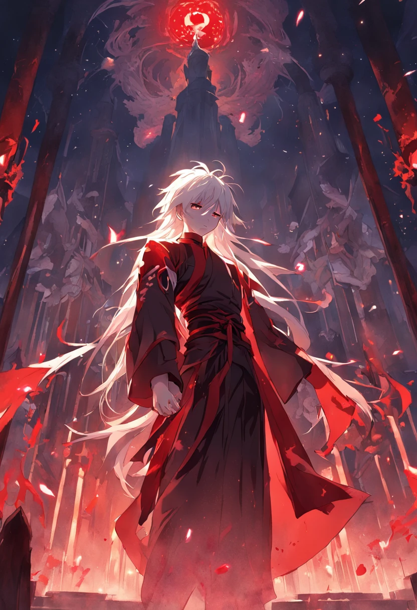 (Masterpiece, illustration, anime big breast:1.3), Anime boy, Red eyes, Long white hair, In the dark, (Classic Black Outfit:1.2), Stand in the temple at night, (Messy white hair:1.1), (Red eyes that glow red:1.2), (Calm expression:1.1), (Uncovered Eyes:1.1), (Strong presence:1.2), (Enigmatic Atmosphere:1.2), (Subtle Moonlight:1.1), (Intricate temple architecture:1.2), (Ominous Shadows:1.1), (Flowing robes:1.1), (Detailed folds and creases:1.1), (Intense Blue Aura:1.2), (A symbol of power around him:1.1), (Magical energy radiation:1.2), (Spellcasting Gestures:1.1), (Mystical Artifacts:1.1), (Ethereal particles:1.1), (Dynamic pose:1.2), (epic soundtrack:1.2), (sense of awe:1.1), (Magical prowess:1.1)