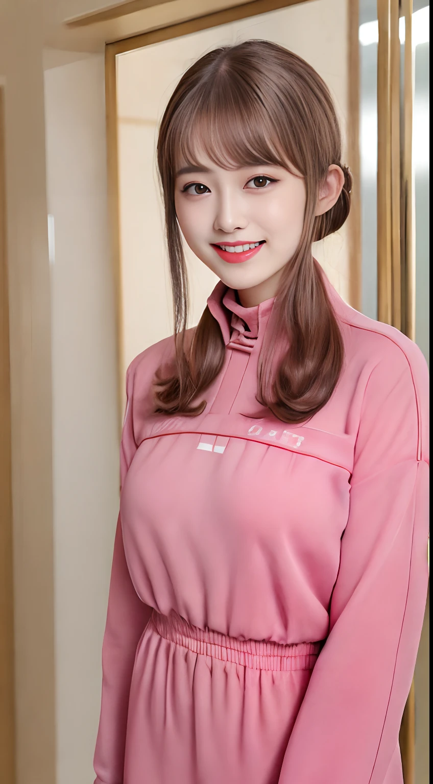 (Best quality images, 8K, Masterpiece: 1.3), 1 girl, Beutiful women，The abdominal muscles are slender: 1.3, (Casual hairstyle, 爆乳: 1.3, High neck clothes 1.3), dress: 1.1, Ultra-fine face, Delicate eyes, Double eyelids, Smile, hometown