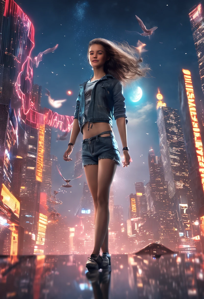 "Image Quality: 8K (Best Quality Scale: 1.2), Artistic Style: Realistic, Photorealistic Factor: 1.37, Clarity: Ultra High Definition, Subject:1girl flying above stunning cityscape ,, flashes, stunning night sky, Girl (16 yearble Features: Pleasant Smile, Closed Mouth, Exquisite Details, Lovely Nose, Composition: Full Body, Damp Hair, Context: Amidst Colossal Dalsefo, huge Angel wings very detailed