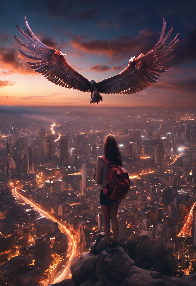 "Image Quality: 8K (Best Quality Scale: 1.2), Artistic Style: Realistic, Photorealistic Factor: 1.37, Clarity: Ultra High Definition, Subject:1girl flying above stunning cityscape ,, flashes, stunning night sky, Teenage Girl (16 years old), Notable Features: Pleasant Smile, Closed Mouth, Exquisite Details, Lovely Nose, Composition: Full Body, Damp Hair, Context: Amidst Colossal Dalsefo, huge Angel wings very detailed