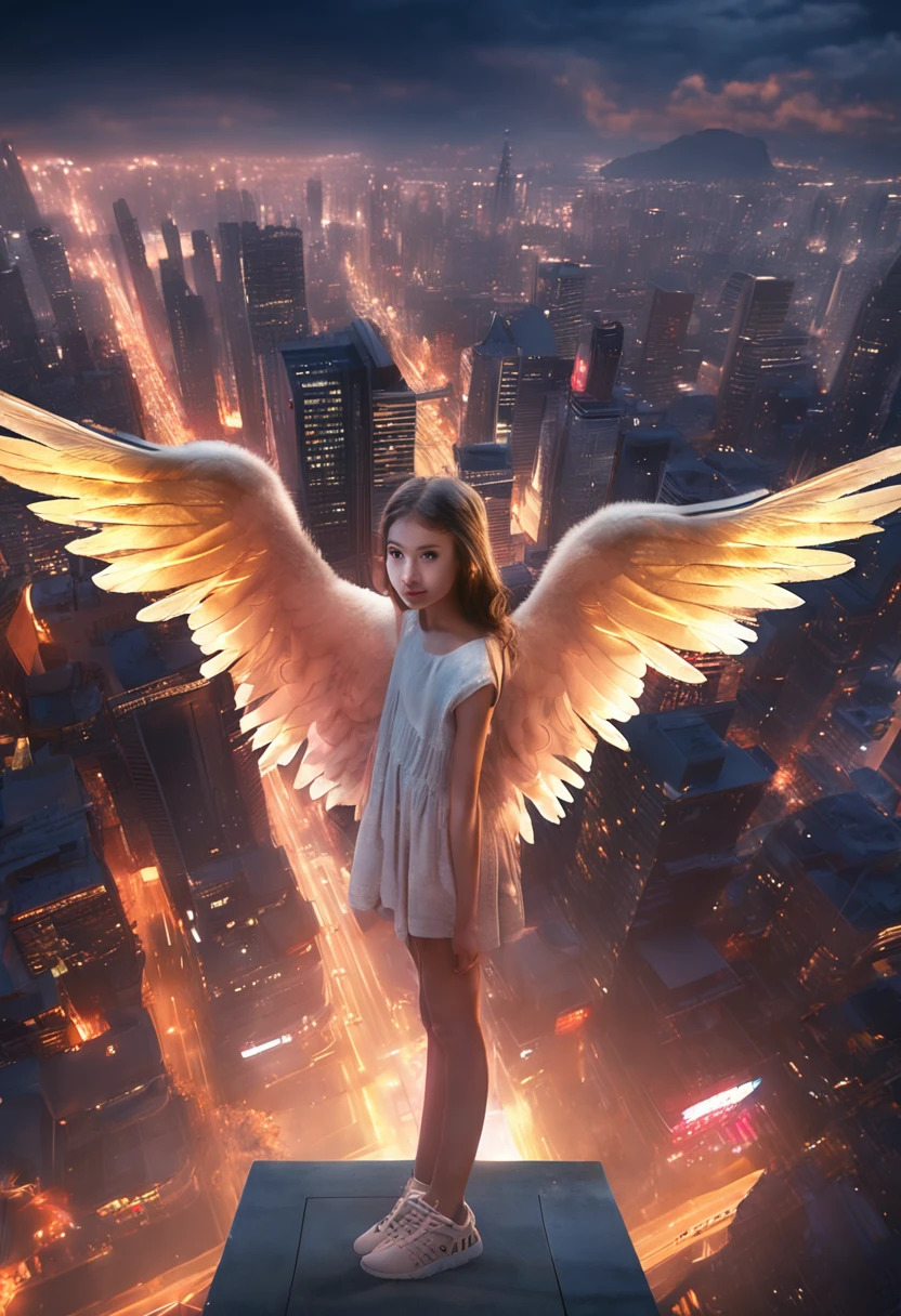 "Image Quality: 8K (Best Quality Scale: 1.2), Artistic Style: Realistic, Photorealistic Factor: 1.37, Clarity: Ultra High Definition, Subject:1girl flying above stunning cityscape ,, flashes, stunning night sky, Teenage Girl (16 years old), Notable Features: Pleasant Smile, Closed Mouth, Exquisite Details, Lovely Nose, Composition: Full Body, Damp Hair, Context: Amidst Colossal Dalsefo, huge Angel wings very detailed