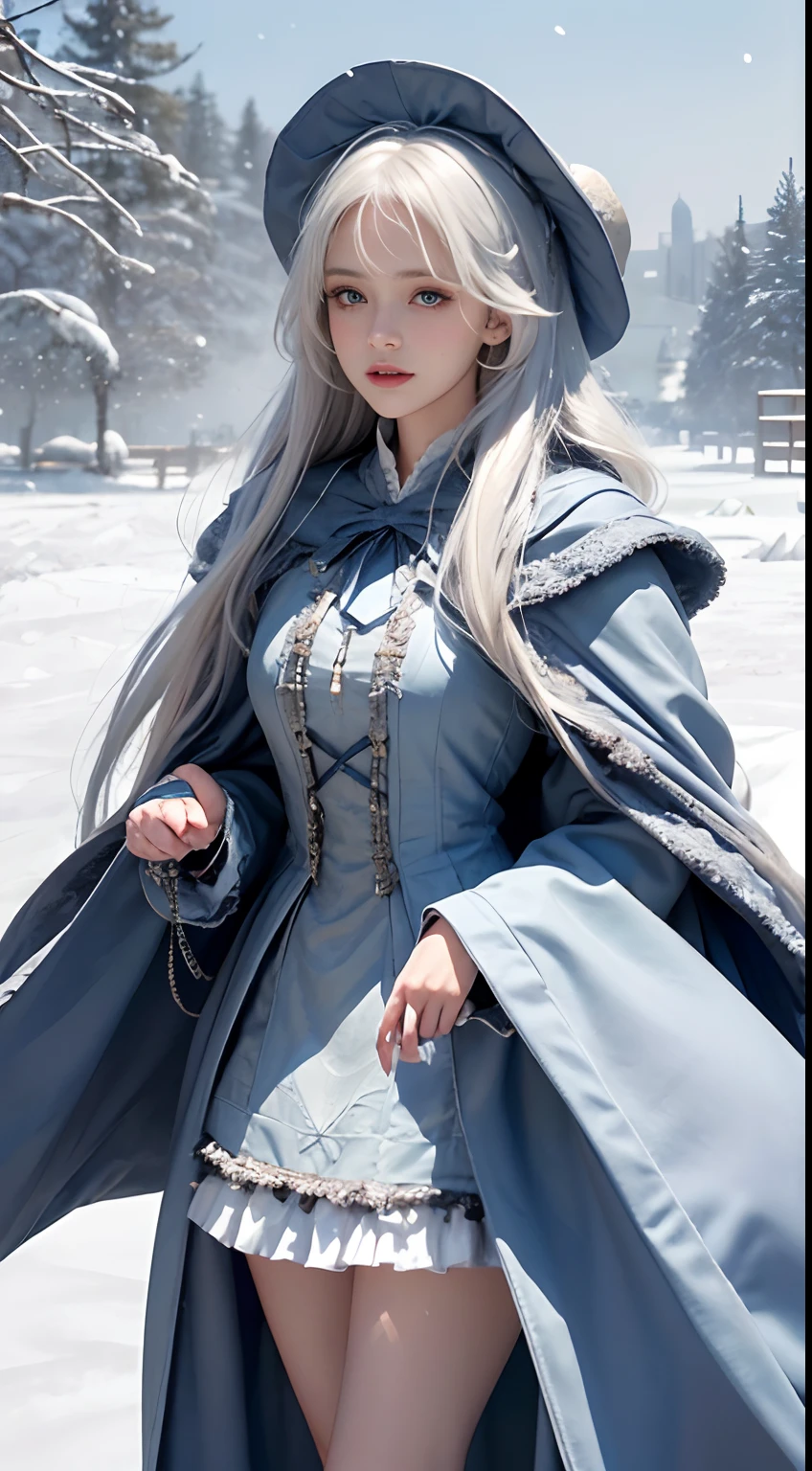 Photorealistic, high resolution, 1 Women, Solo, (Lolita costume),Gorgeous costumes,Face the audience,The upper part of the body,upper legs, beautidful eyes, White hair, ringed eyes, (outside,Heavy snowfall,Cloak,Cover with snow),snowfield,Blue eyes,Illustrations of the highest quality,A meticulous face