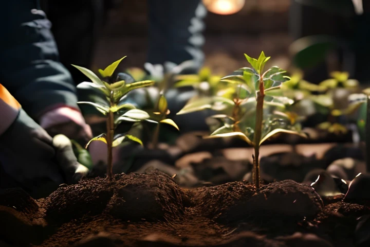a person is planting a plant in the dirt, plants growing, gardening, permaculture, small plants, nitrogen-rich soil, the source of future growth, organic growth, plants, blessing the soil at night, vibrant and vivid, plants environment, plants and trees, plant roots, seedlings, media photo, ilustration, vivid and vibrant, profile pic, glowing plants