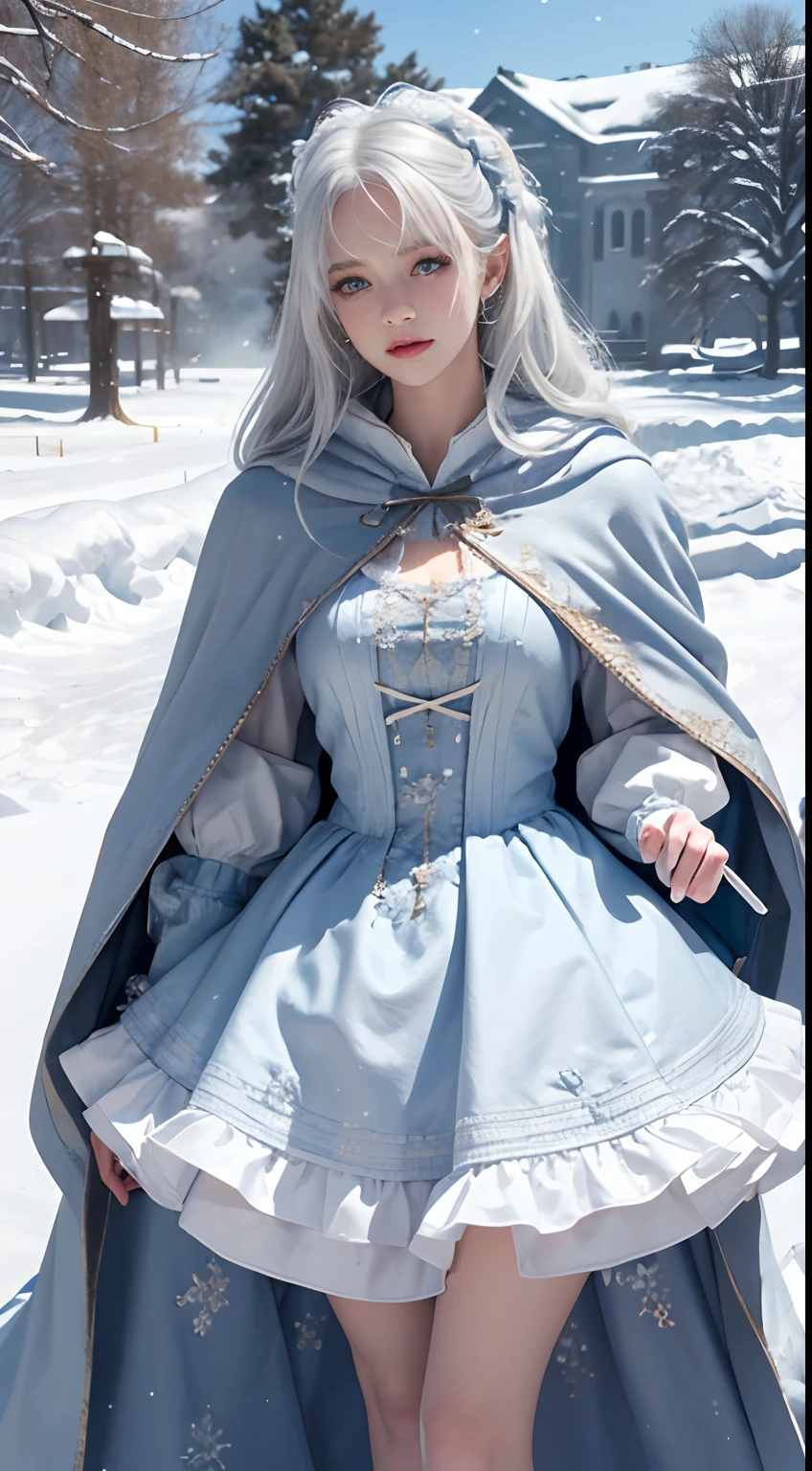 Photorealistic, high resolution, 1 Women, Solo, (Lolita costume)，Gorgeous costumes，Face the audience，The upper part of the body，upper legs， beautidful eyes, White hair, ringed eyes, (outside，Heavy snowfall，Cloak，Cover with snow)，snowfield，Blue eyes，Illustrations of the highest quality，A meticulous face