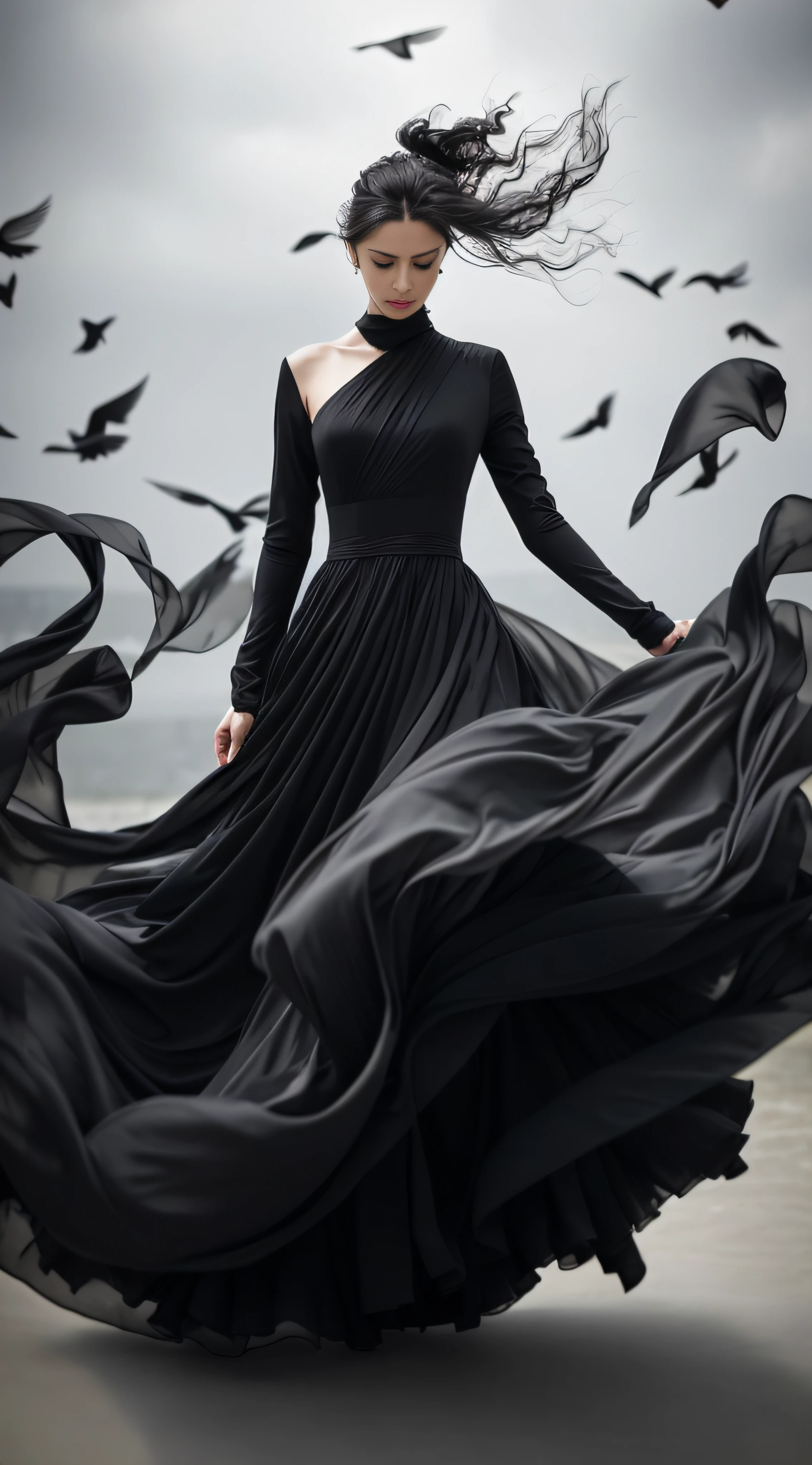 Arad woman in black dress，Birds in the air, flowing black gown, Flowing fabric, beautiful flowing fabric, flowinggown, draped in flowing fabric, floating dress, an elegant woman in black dress, long flowing fabric, Flowing realistic fabric, wearing flowing dress, silk flowing in wind, Flowing robes, Woman in black robes, flowing shimmering fabrics