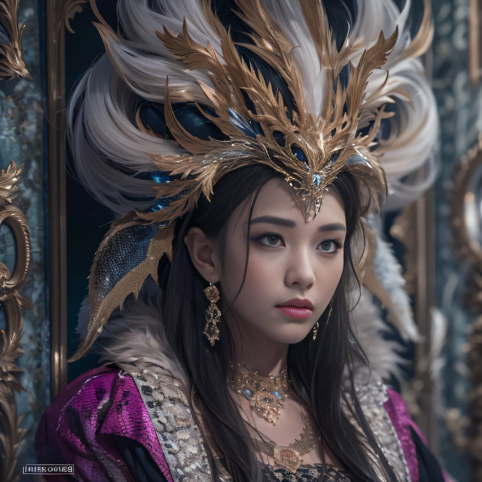 16k(tmasterpiece,k hd,hyper HD,16k)Long flowing black hair,Jewelry quarter in the back room,Brunette King ,Dragon Protector (realisticlying:1.4),Python pattern robe,Purple-pink tiara,Snowflakes fluttering,The background is pure,Hold your head high,Be proud,The nostrils look at people, A high resolution, the detail, RAW photogr, Sharp Re, Nikon D850 Film Stock Photo by Jefferies Lee 4 Kodak Portra 400 Camera F1.6 shots, Rich colors, ultra-realistic vivid textures, Dramatic lighting, Unreal Engine Art Station Trend, cinestir 800,Hold your head high,Be proud,The nostrils look at people