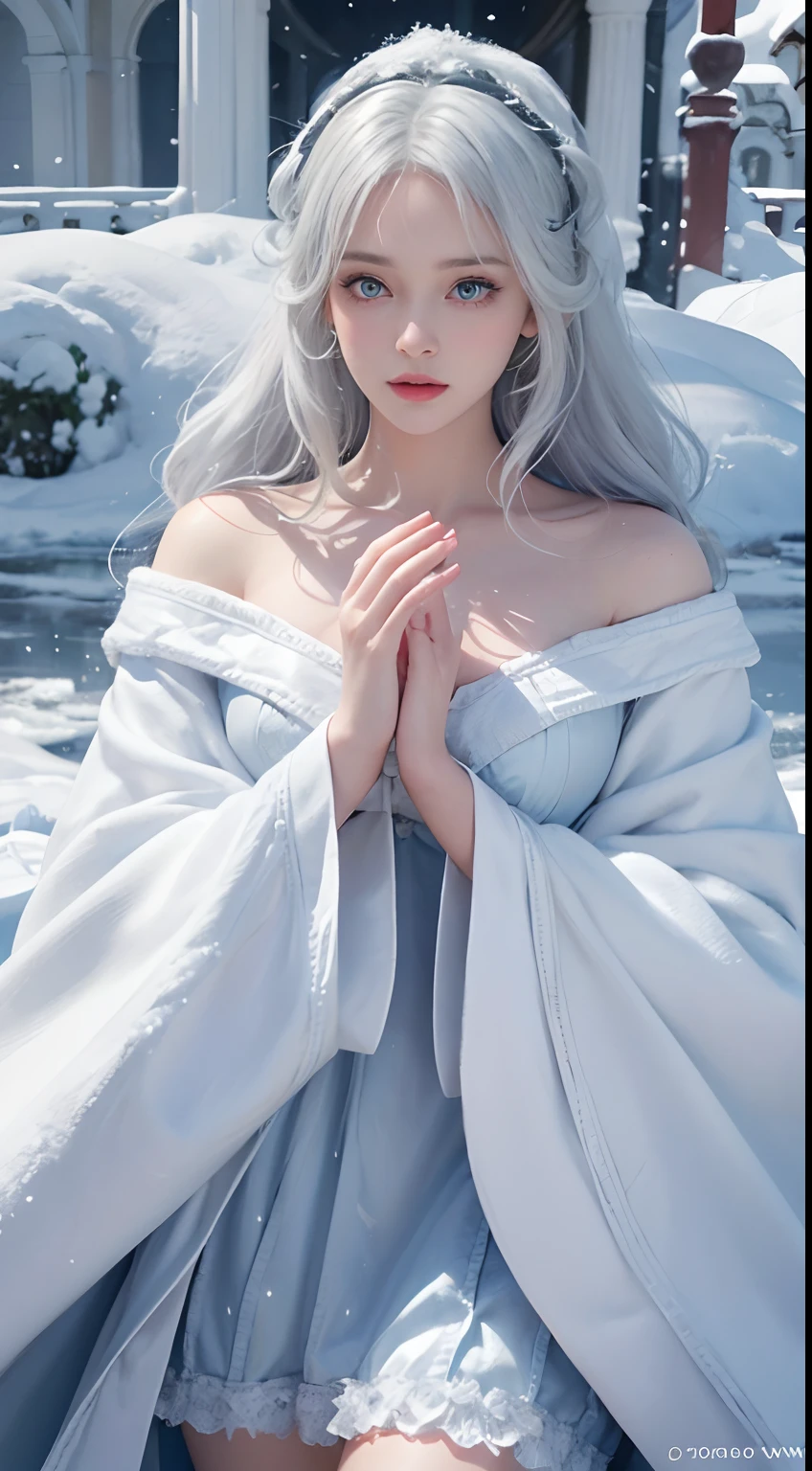 Photorealistic, high resolution, 1 Women, Solo, (Lolita costume)，Gorgeous costumes，Face the audience，The upper part of the body，upper legs， beautidful eyes, White hair, ringed eyes, (outside，Heavy snowfall，Cloak，Cover with snow)，snowfield，Blue eyes，Illustrations of the highest quality，A meticulous face