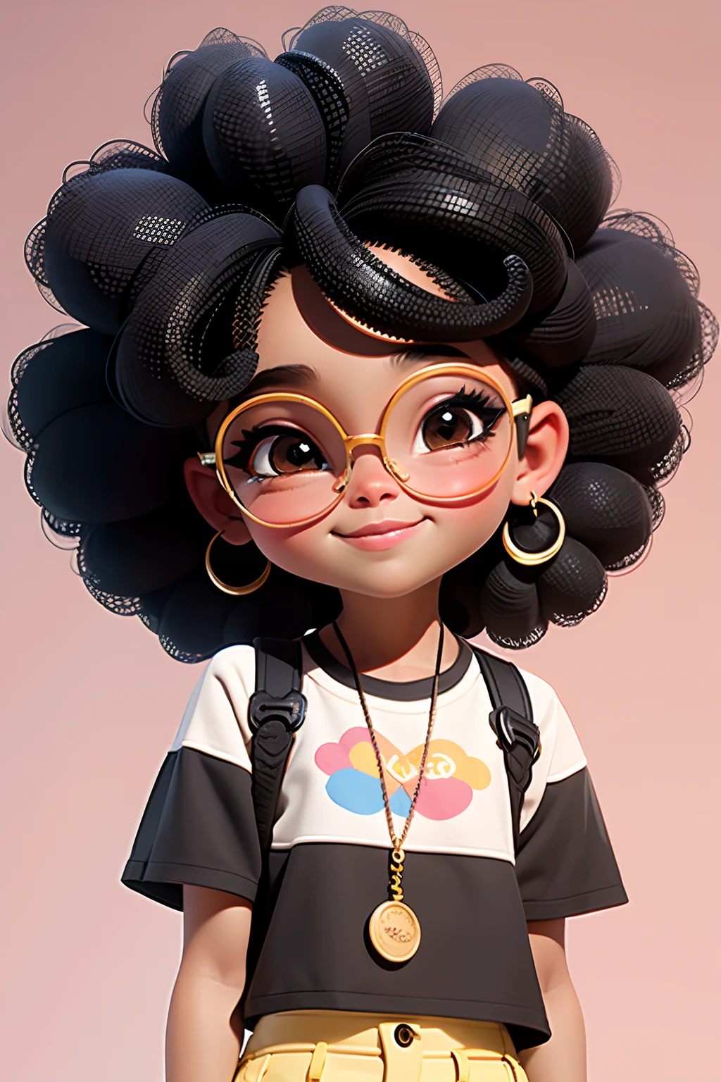 Loli cute girl, negra afro, cabelo mesclado, solto, modern accessories , capuz, Eyeglasses, olhos detalhados, sorriso detalhados, detalhes detalhados, fundo claro e simples