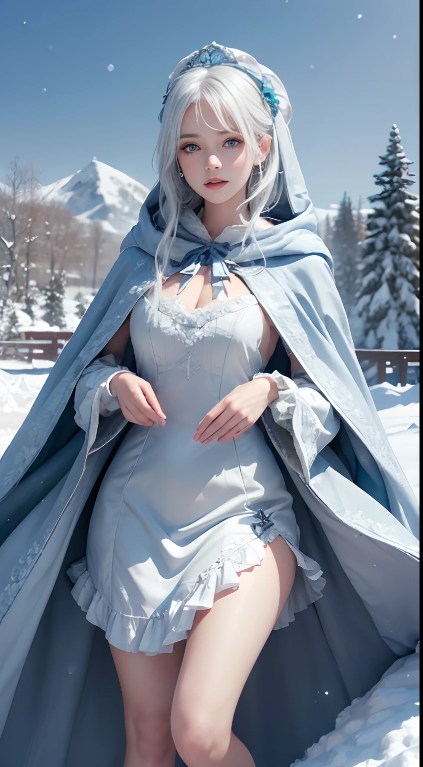 Photorealistic, high resolution, 1 Women, Solo, (ta costume),Gorgeous costumes,Face the audience,The upper part of the body,upper legs, beautidful eyes, White hair, ringed eyes, (outside,Heavy snowfall,Cloak,Cover with snow),snowfield,Blue eyes,Illustration in the highest quality,A meticulous face